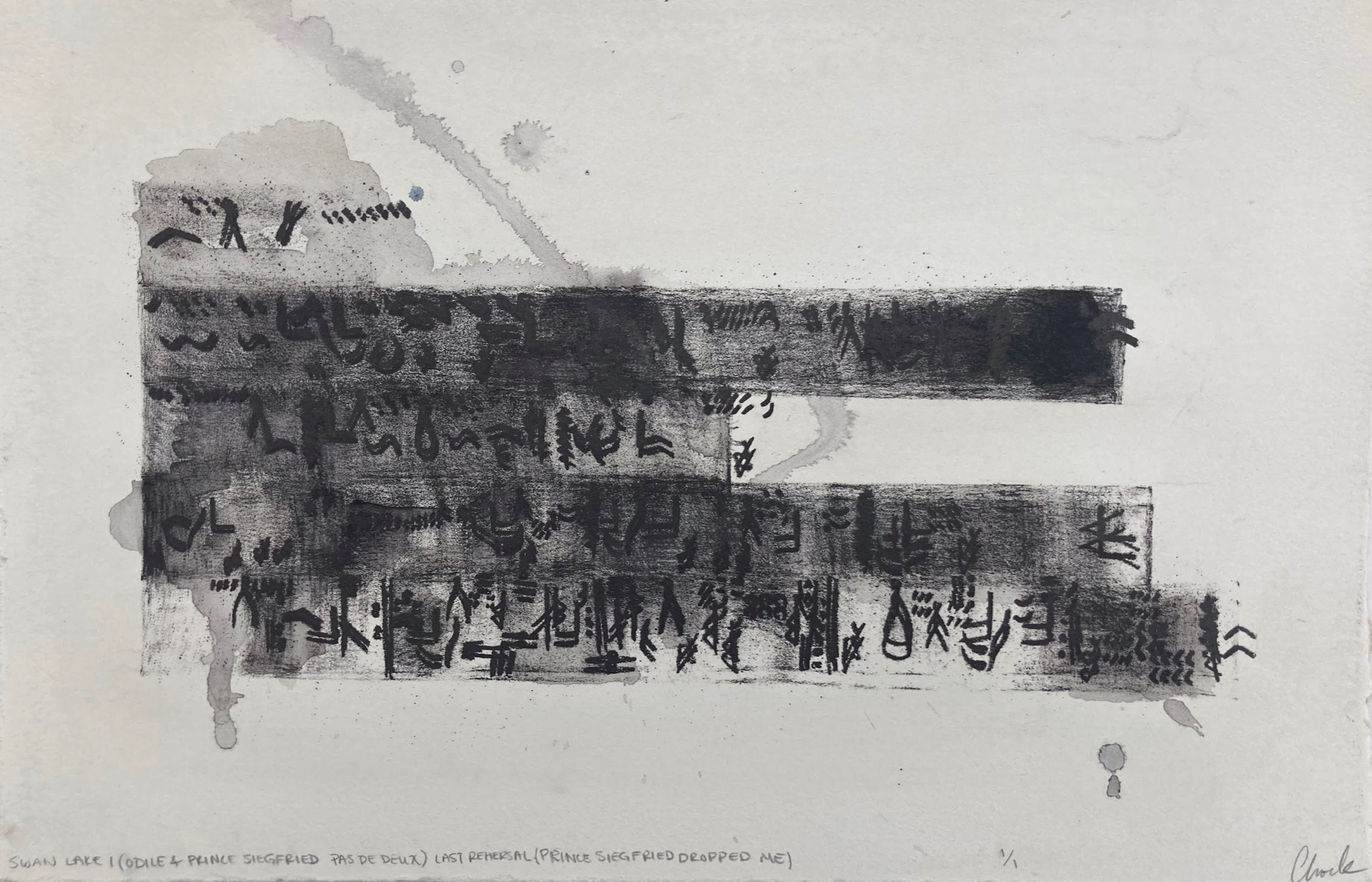 Swan Lake I (Odile and Prince Siegfried Pas De Deux) Last Rehearsal (Prince Siegfried dropped me) Monoprints, 14" x 9.5", 2023
