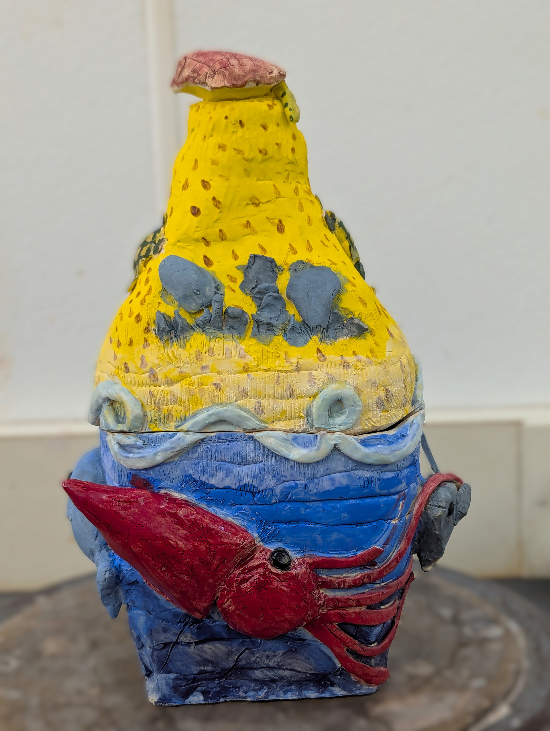 Ocean scene lidded vase Stoneware Underglaze 12in x 5in June 2024