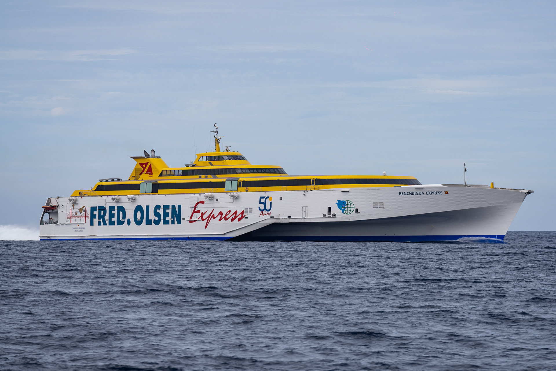 Touted as the world's largest trimaran, the 116 meter Benchijigua Express passes us only a few hundred meters away, ferrying passengers between the Canary Islands at a blistering 34 knots