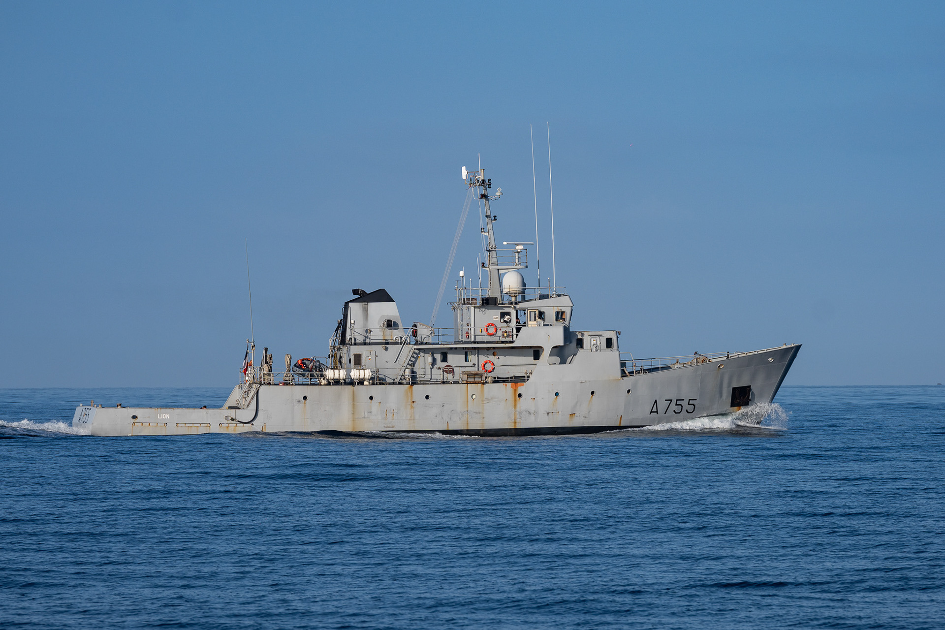 French Leopard-class training ships like this one can be seen in most directions off of the coast of Brittany