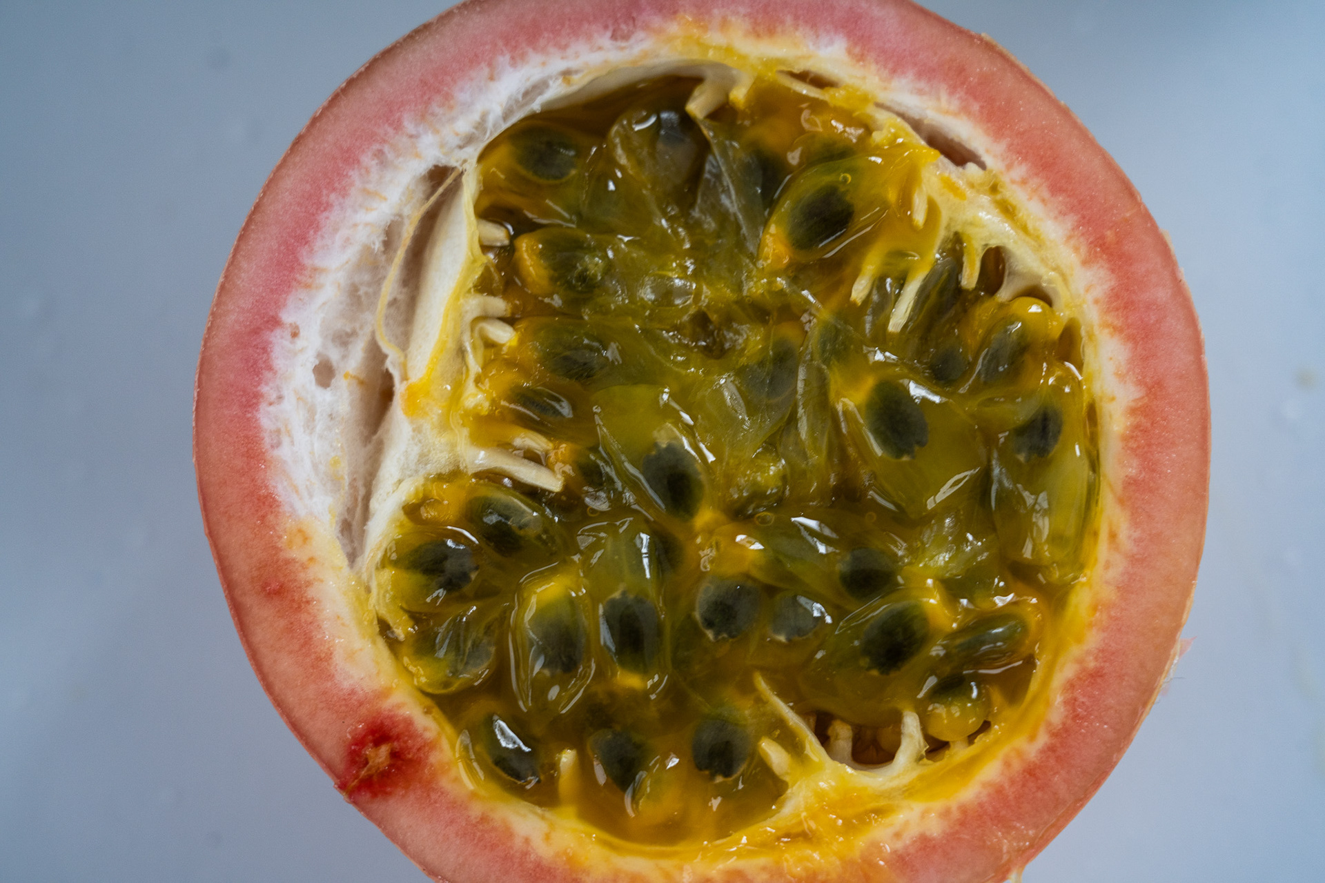 Trying fresh local fruit, here a red passionfruit