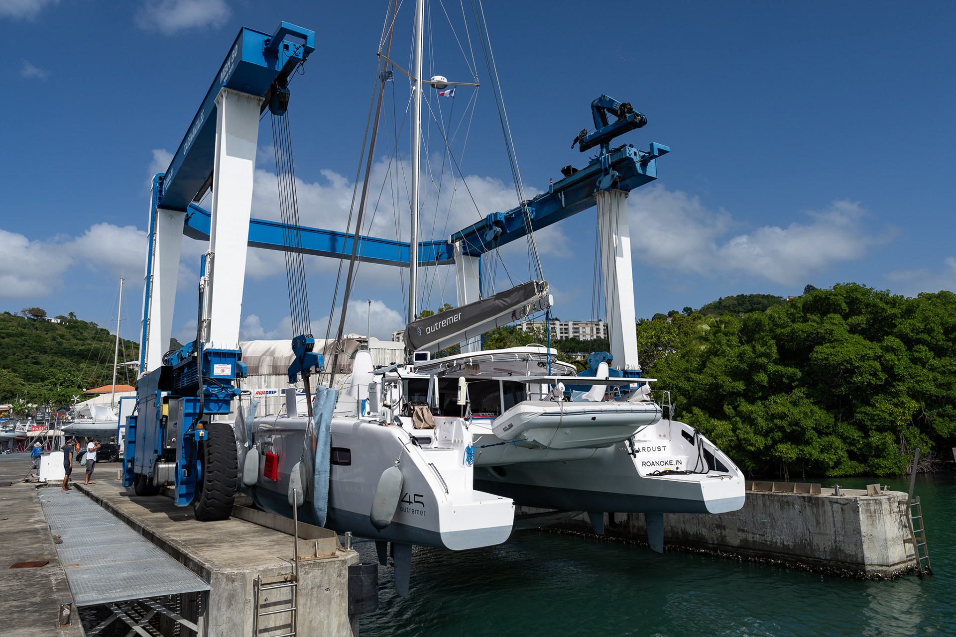 Stardust is lifted out of the water for the first time since she was brand new from the shipyard