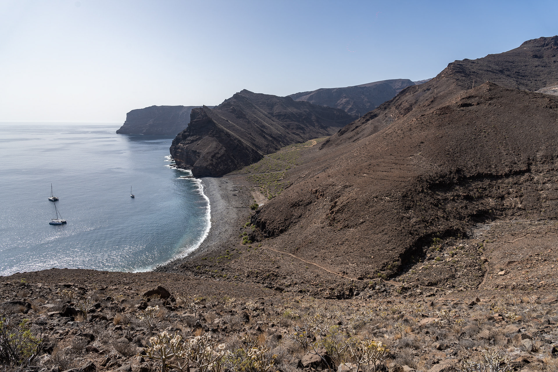 Sitting at anchor in La Gomera. Note the long path from the beach, which I took to get up the top of the island