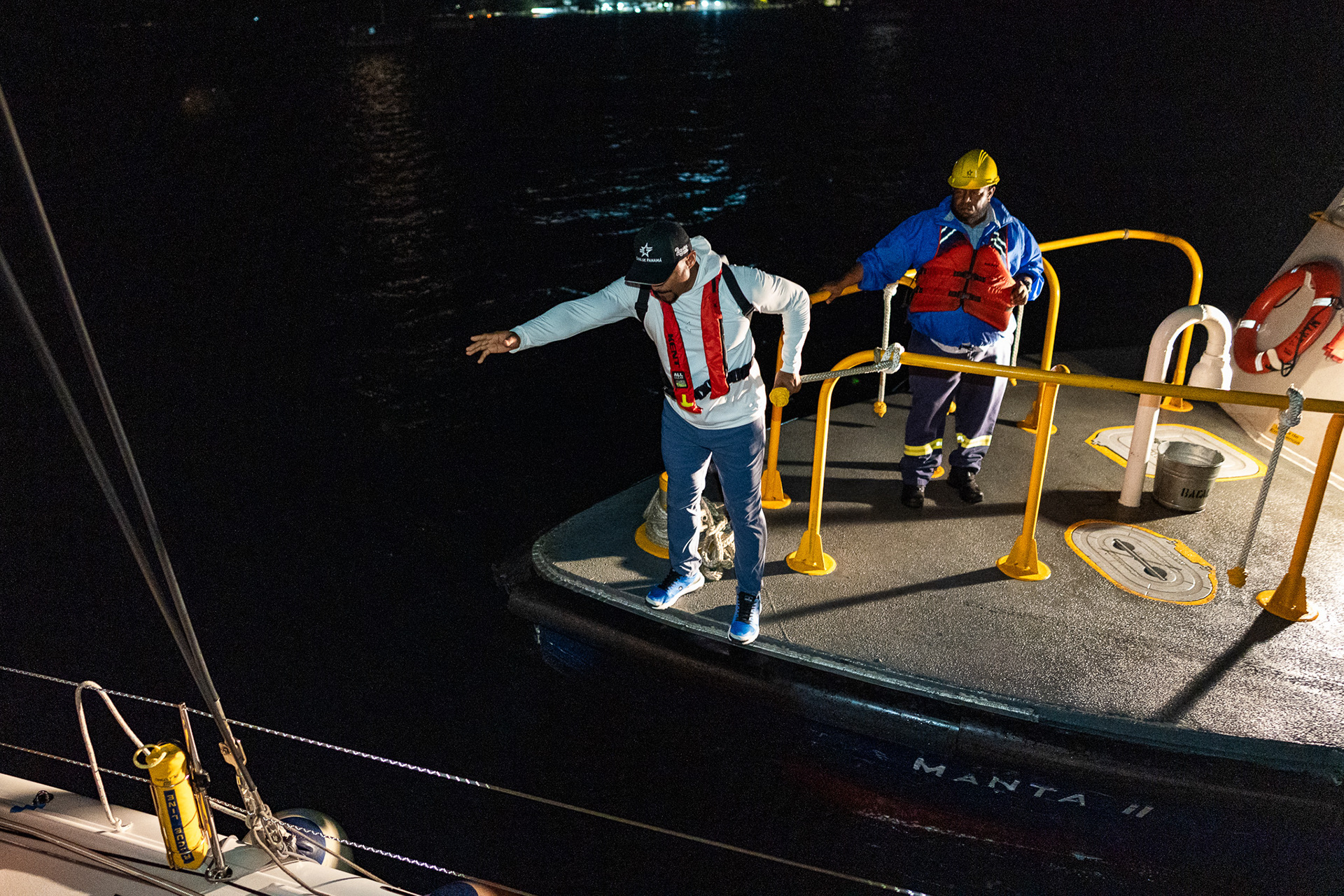 Our Panama Canal advisor prepares to board Stardust from the pilot boat