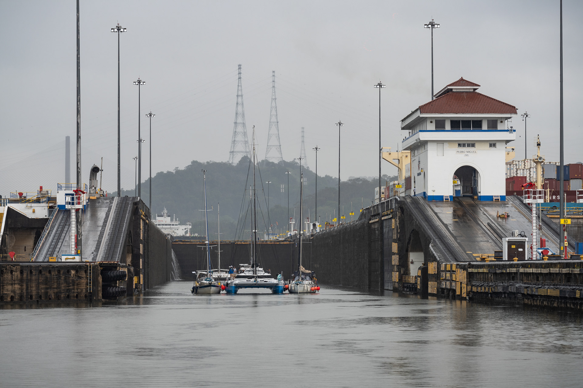 A casual wish of crossing the canal with a flotilla of boats was granted on the Pacific side, as 13 boats stacked up in the locks