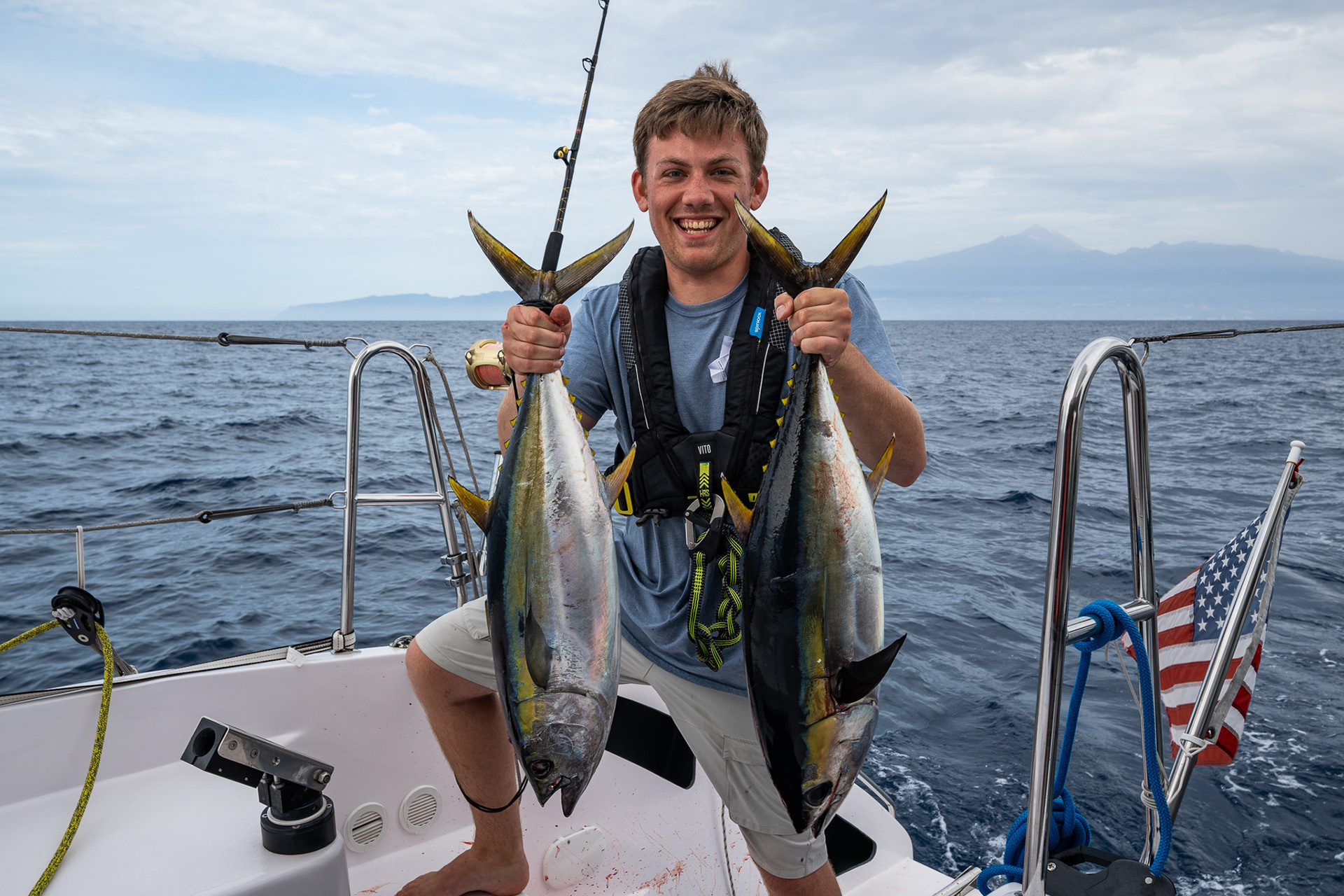 Almost 40 pounds of yellowfin tuna caught on our trip from Tenerife to La Gomera, hooked mere seconds apart as we sailed over a school