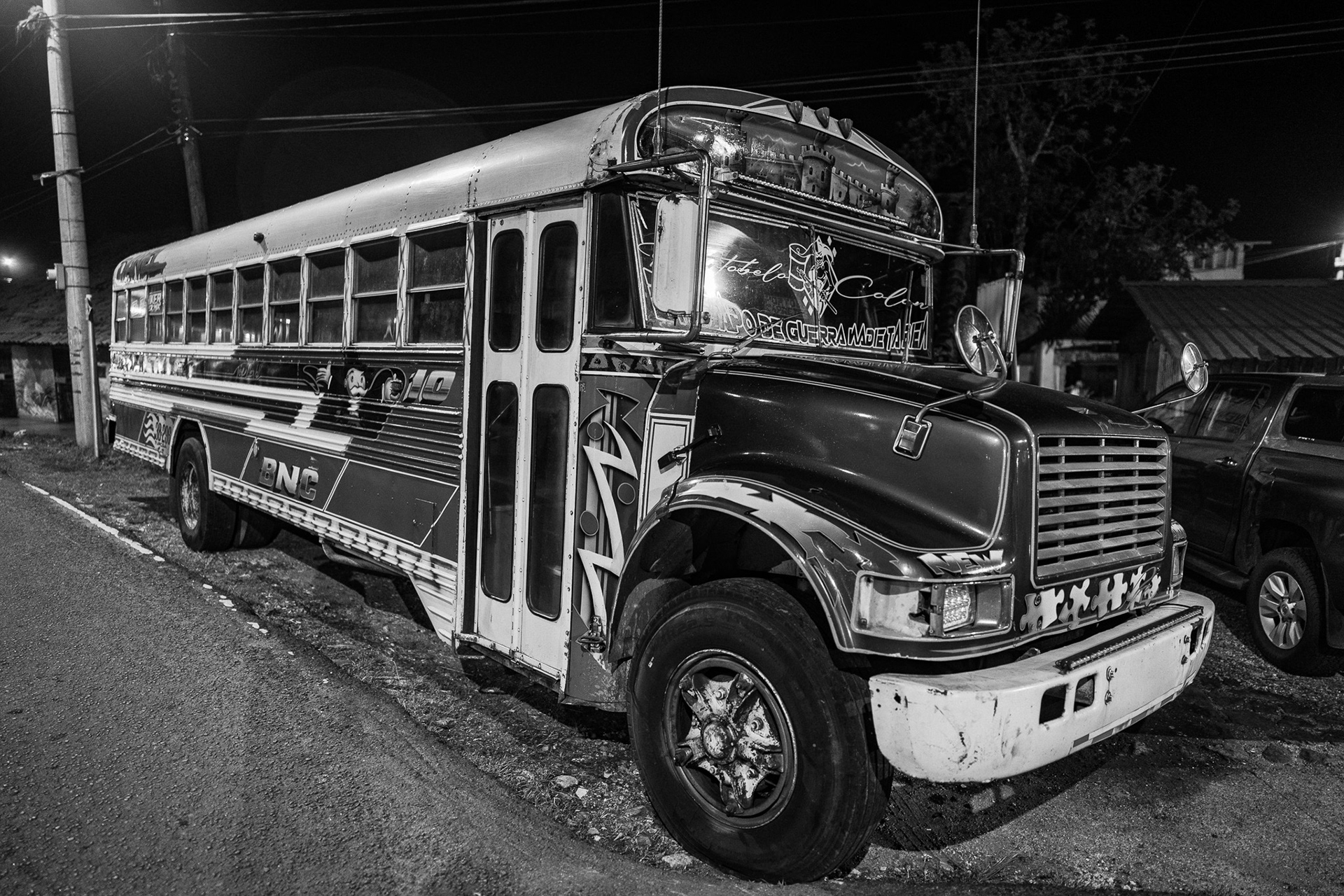 Diablos Rojos, or Red Devils,  is the name given to these old, U.S. school buses repurposed for public transport in Panama. Often controversial, they usually feature vivid designs, lights, a squatted aspect, over-powered engines and tall exhaust stacks in the rear.