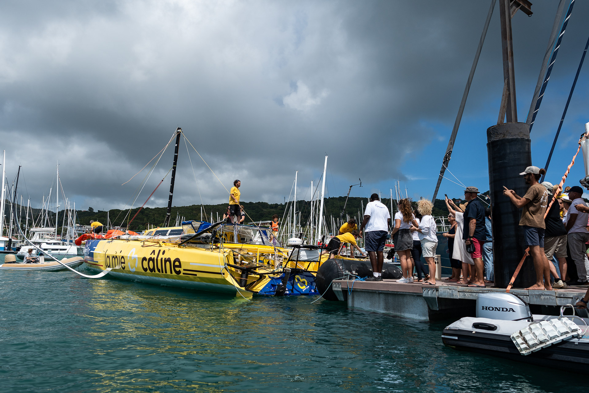 La Mie Caline docking in Le Marin after sailing for more than 90 days around all three capes of the world
