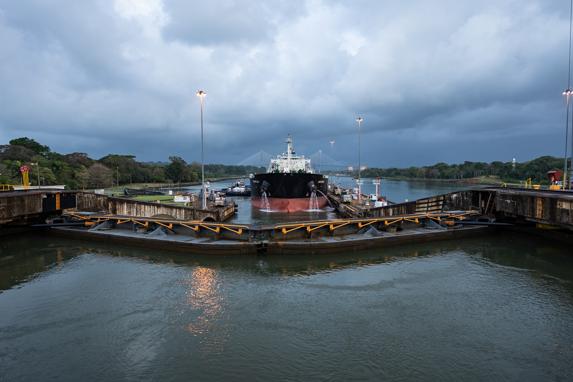 The canal runs 24/7 to keep up with demand, and we had barely finished with the first lock when another ship pulled up behind us waiting for their turn