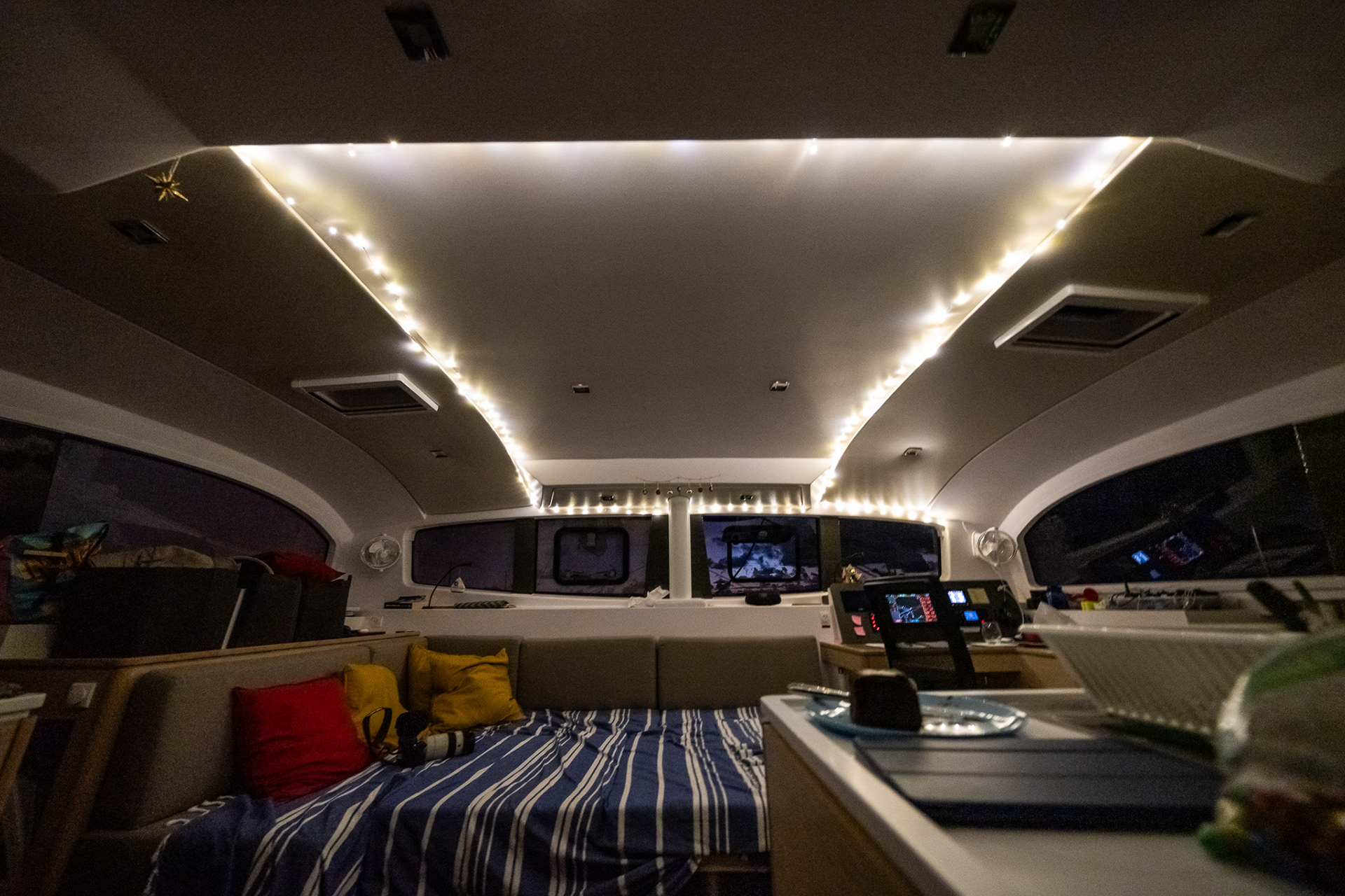 Christmas lights and some ornaments add a festive vibe while on passage
