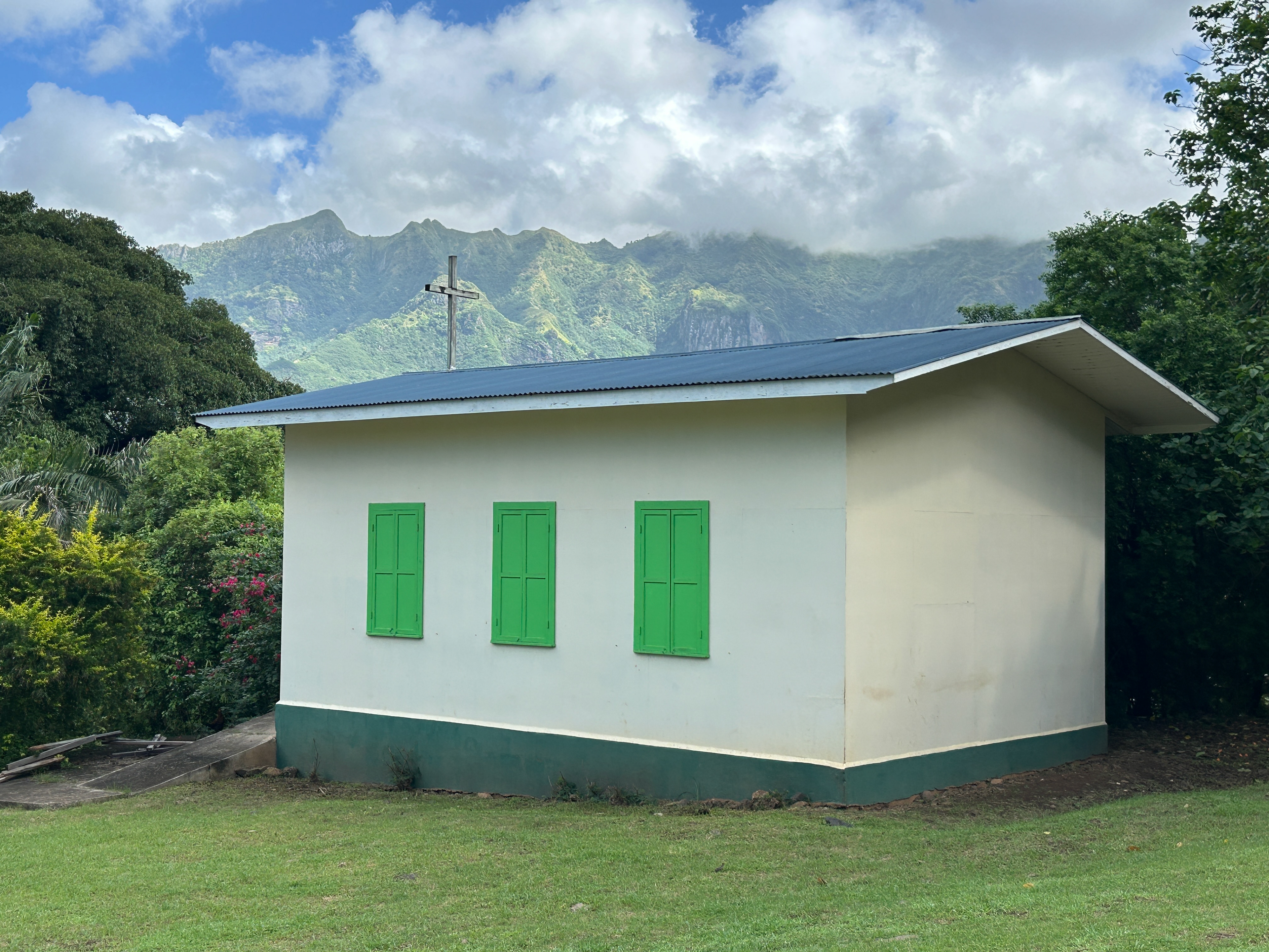 A tiny church sits high in the hills of Nuku Hiva