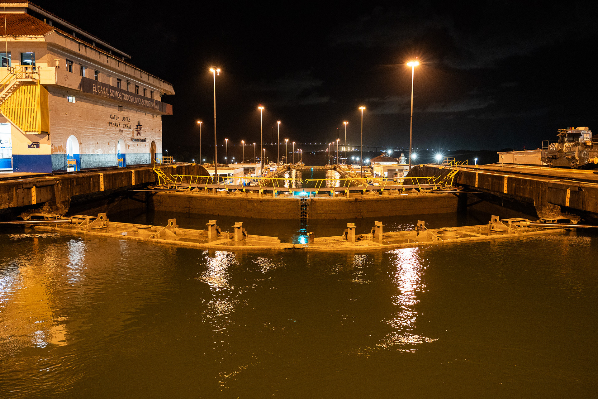 Looking back on the three Gatun locks as we prepare to enter Gatun Lake.