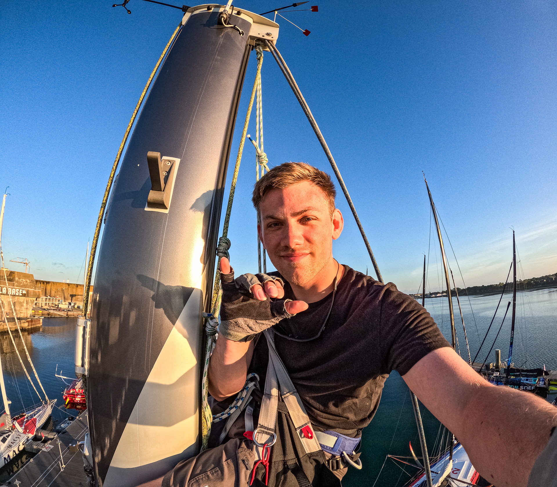 Smiling at the top after my first solo mast climb