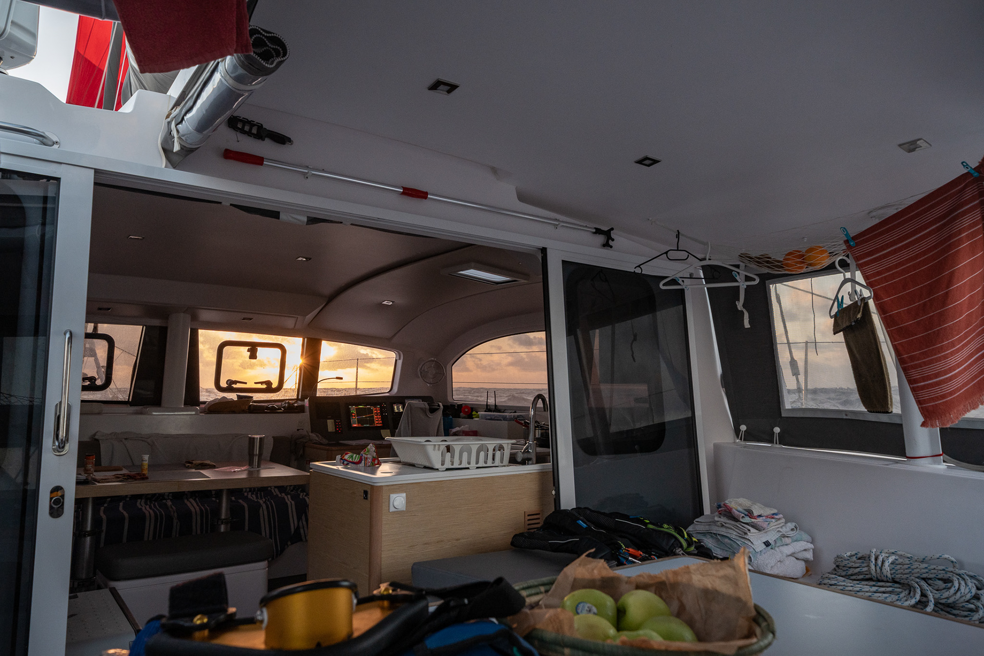 Viewing the evening’s sunset from the comfort of the cockpit settee