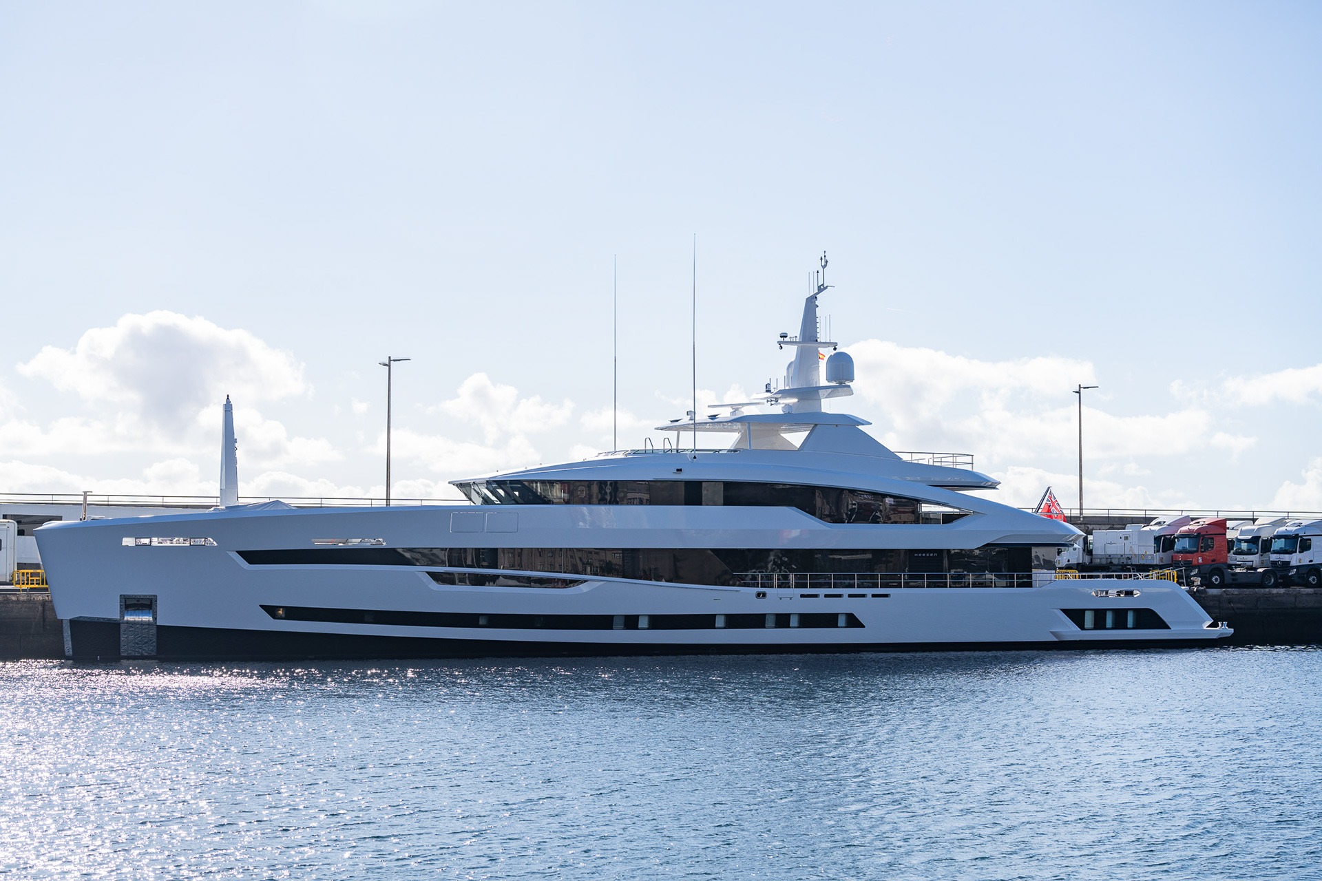 The British-flagged yacht Santosha sits after a successful maiden voyage to Santa Cruz de Tenerife, with the build having only been completed last month