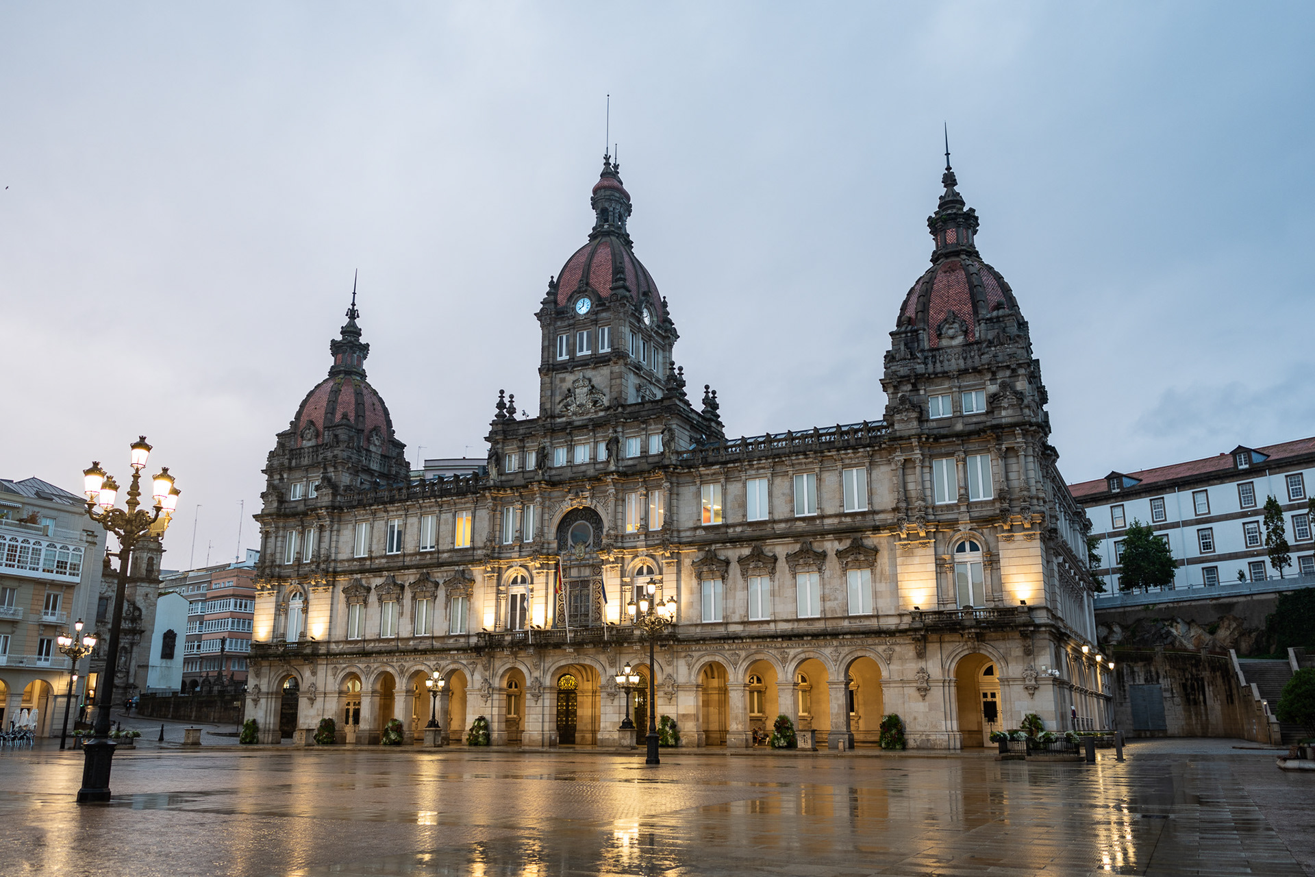 The picturesque La plaza de María Pita after a rainy afternoon