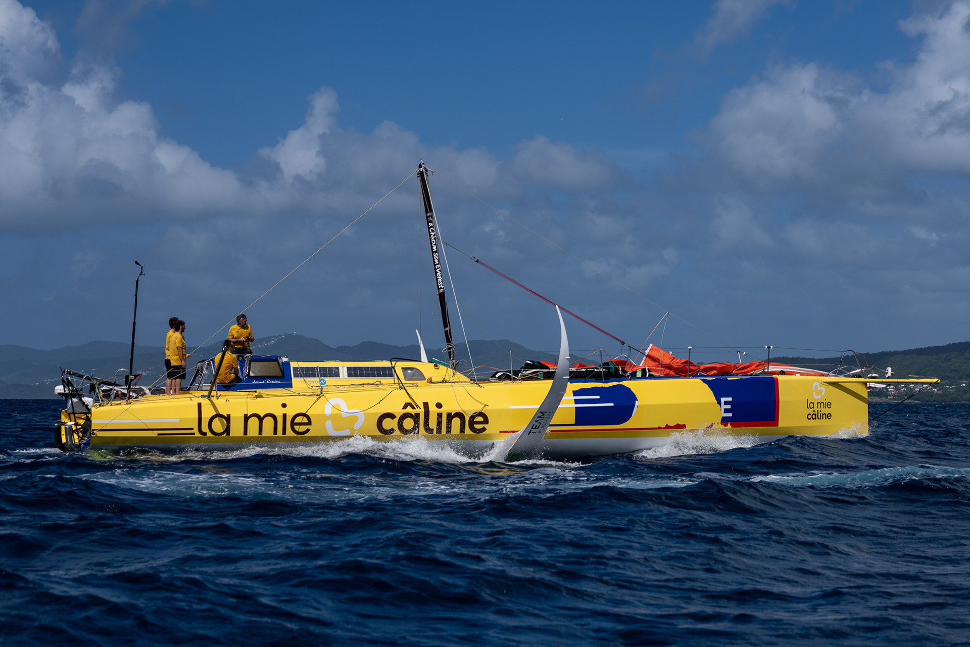 A first view of La Mie Caline as she enters the bay of Le Marin, Martinique