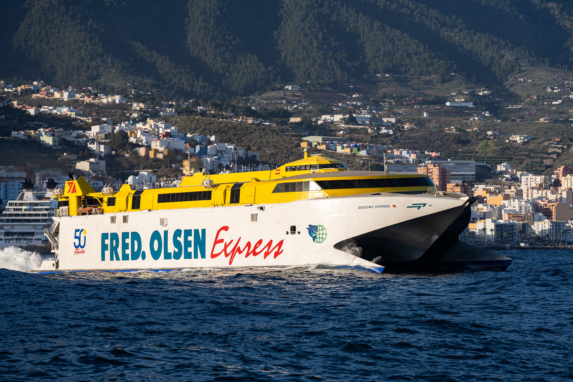 An inter-island express ferry greets us outside Santa Cruz de La Palma, throwing a monstrous wake out the rear