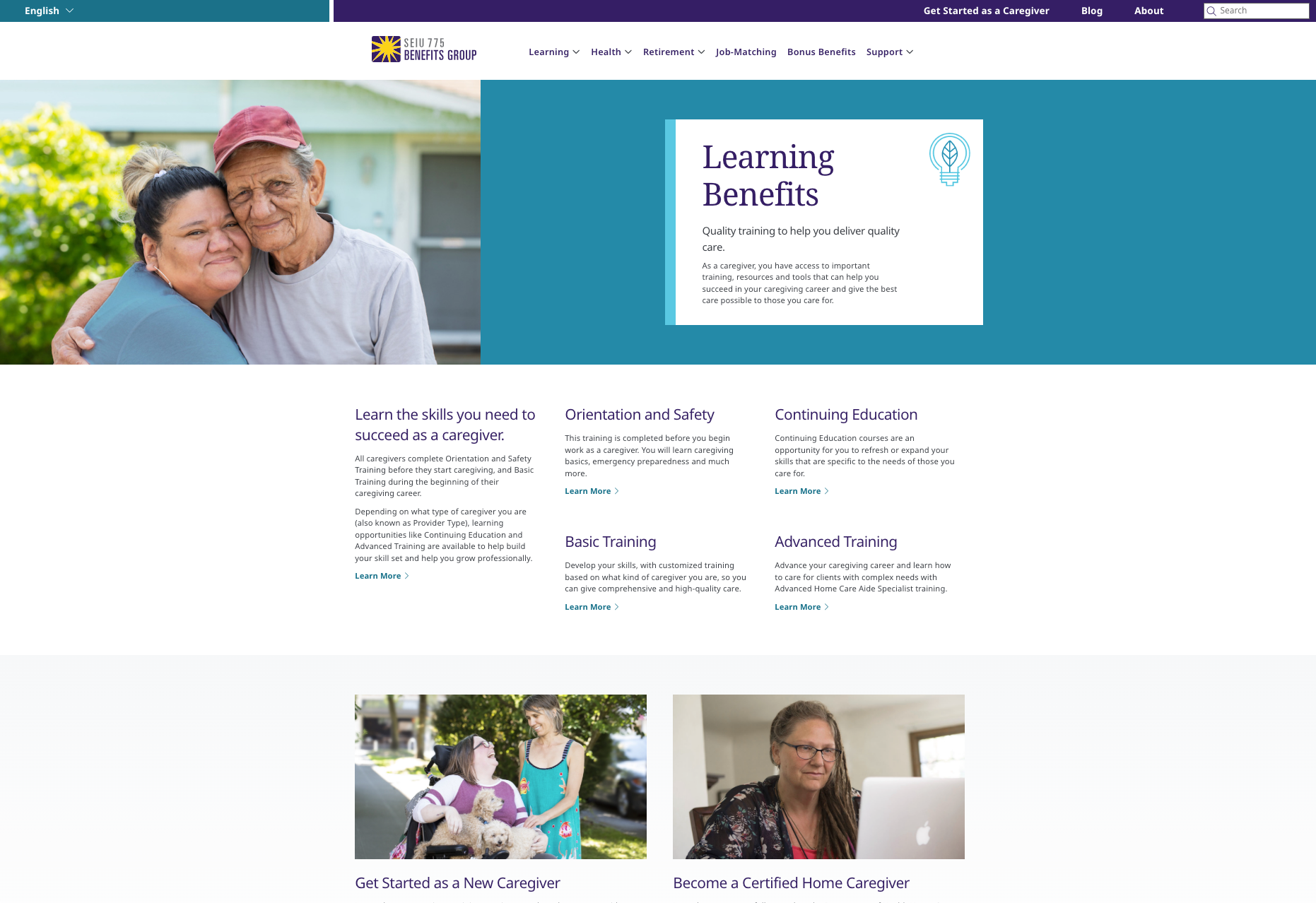 Benefit-specific home pages include simplified content and categories.