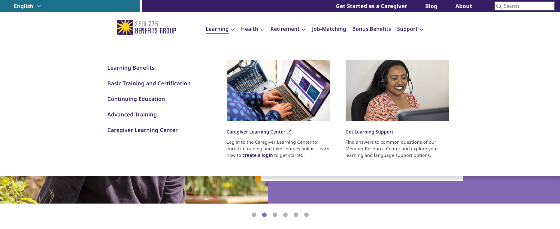 Drop-down hover menus provide simple content, easy access to more digital properties and help resources.