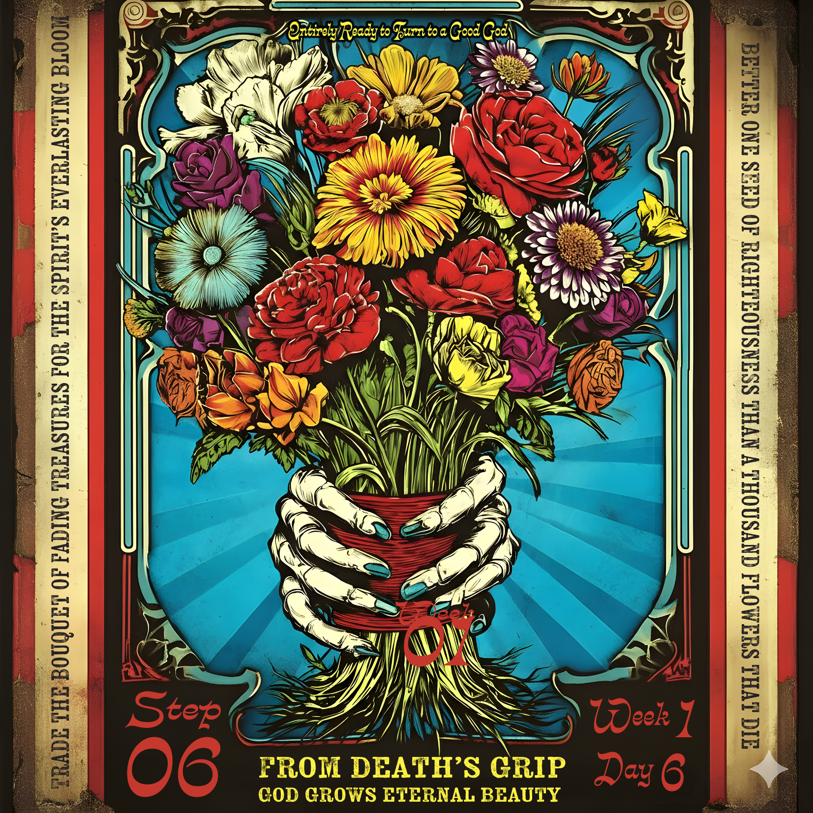 From death’s grip, beauty blooms— the world’s bouquets wither, but the Spirit sows a garden eternal. One seed of righteousness outlasts a thousand flowers that fade. Trade fading treasures for the bloom that never dies.