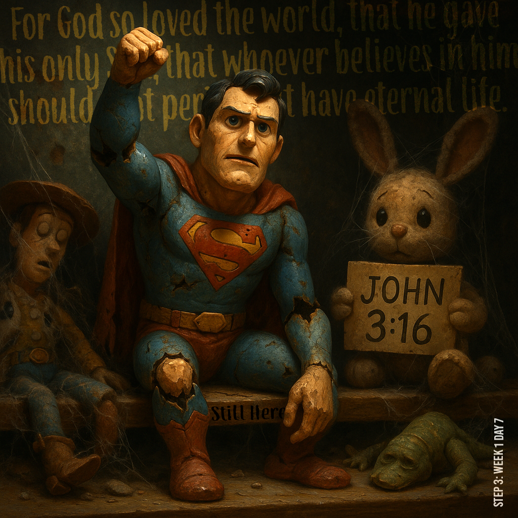 The Parable of the Forgotten Shelf There once was a shelf in a quiet room where broken toys sat gathering dust. They had once been loved—fierce in battle, fast in flight, champions of joy. But time wore them down. A cracked Superman. A cowboy with a silent pullstring. A bunny with missing buttons. All sat still, covered in cobwebs, believing their story had ended. One day, a warm light broke through the shuttered window. It landed on the bunny’s sign: John 3:16. The toys stirred. Superman, though burnt and broken, raised his arm—not because he had strength left, but because he remembered who he belonged to. Not a child’s hand… but a Creator’s heart. Then, they heard it—not the sound of rescue, but a whisper in the dust: “You are still mine. I don’t love you less because you’re broken. I gave My Son to make you whole.” And in that forgotten room, trust flickered like sunrise.