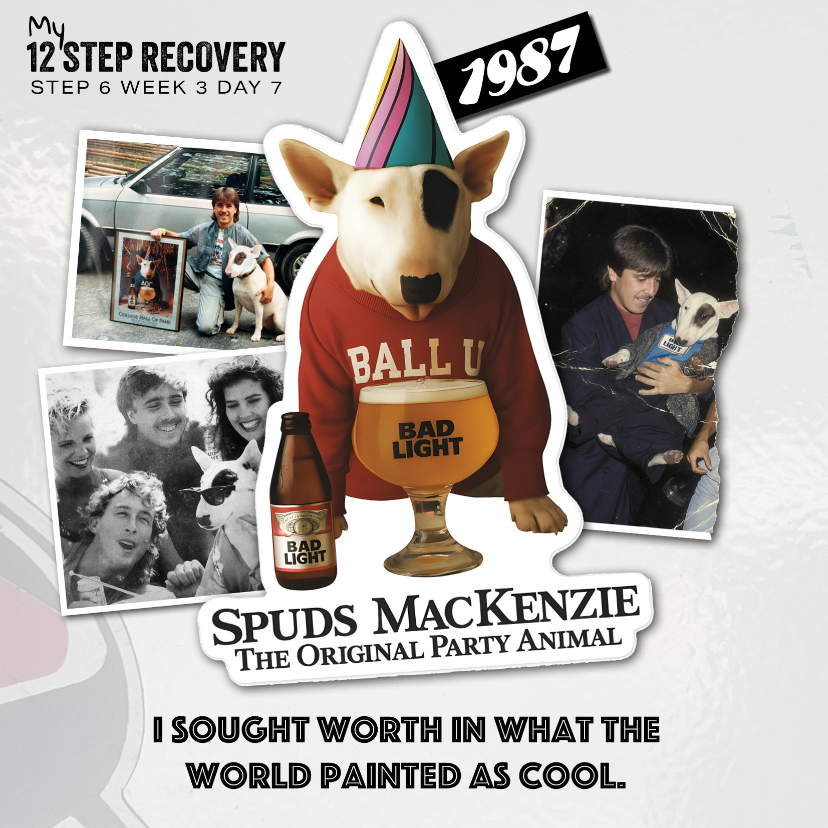 Spuds wasn’t just a dog. He was the altar where I first learned to worship “cool.” A grinning idol selling belonging in a bottle. At 18, I drank the lie before I ever tasted the beer.  God’s showing me that repentance isn’t just quitting a habit— it’s tearing down the advertising in my heart, the billboards that told me who to be.  The Spirit whispers, “You were never missing out— you were being marketed to.”  Now I see: what once promised confidence was only bait for bondage.  Grace is the real campaign now.