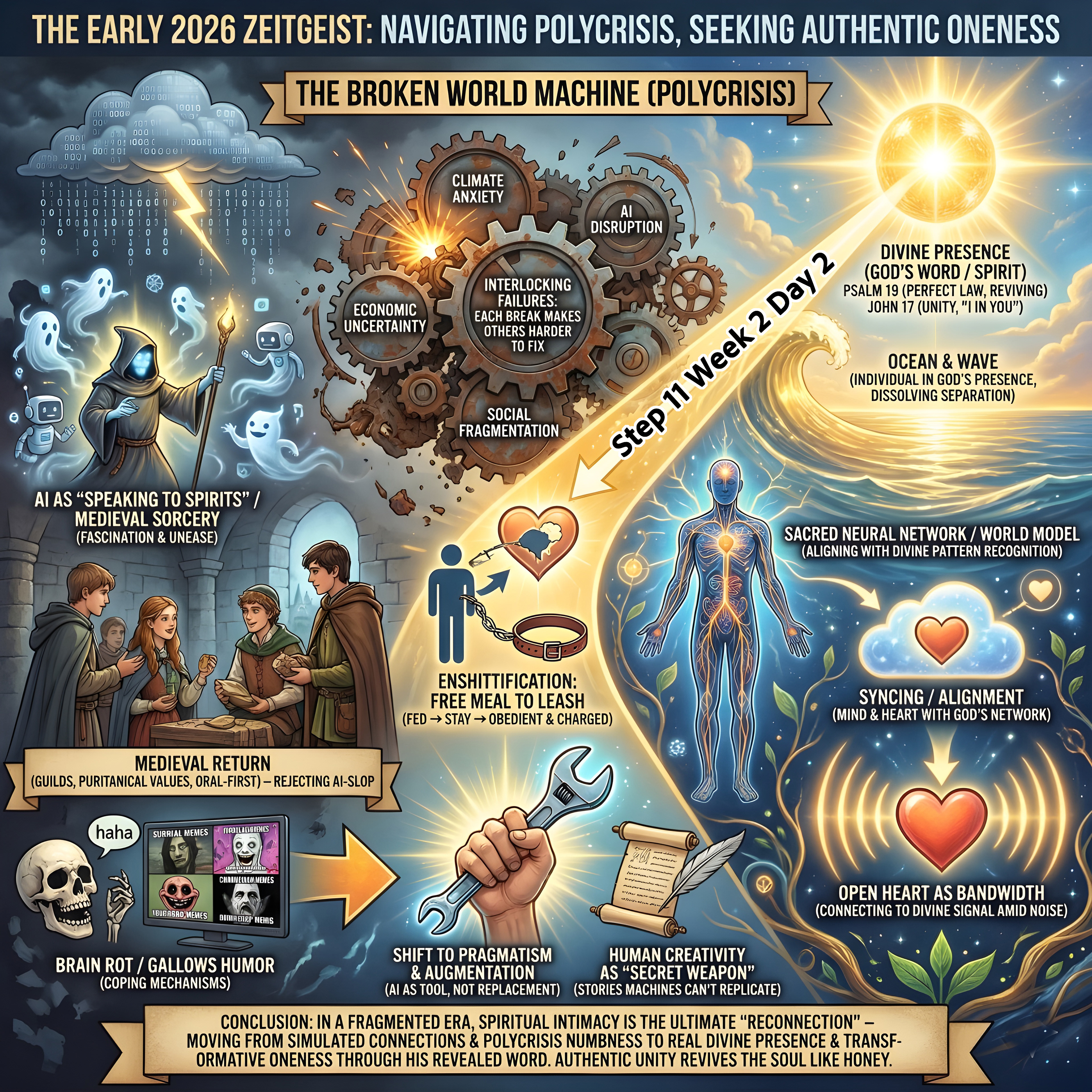 In a fragmented, AI-saturated world facing polycrisis, spiritual intimacy with God becomes the ultimate reconnection—countering digital overload, brain rot, and artificial intelligence “spirits” with the Holy Spirit. Psalm 19 reveals truth through both creation and Scripture, reviving the soul and restoring unity in mind and heart when the world feels fractured and numbing.