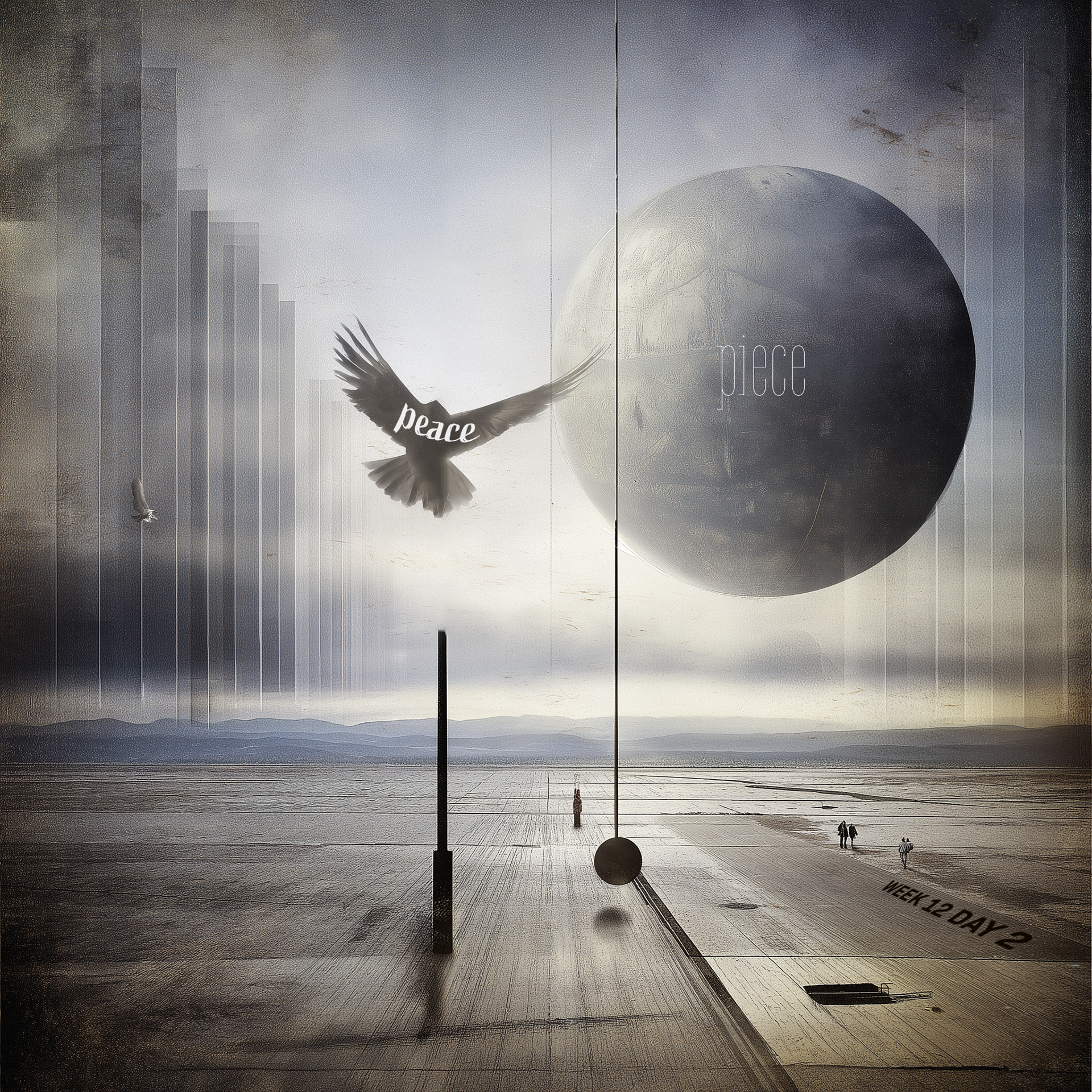 Pendulum shadows tally wounds while a stone-gray piece of hurt hangs, unsentenced, in the sky. Across the silent flats a wing chisels the horizon— breaking that weight into peace, lifting the debt, setting the forgiven free.