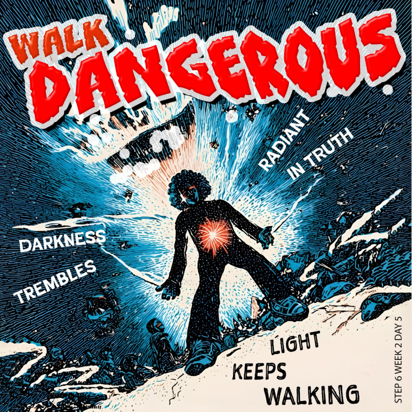 Walk Dangerous. Radiant with Truth. Cracks glow where lies once hid. Wounds shine into witness. Darkness trembles. Light keeps walking.
