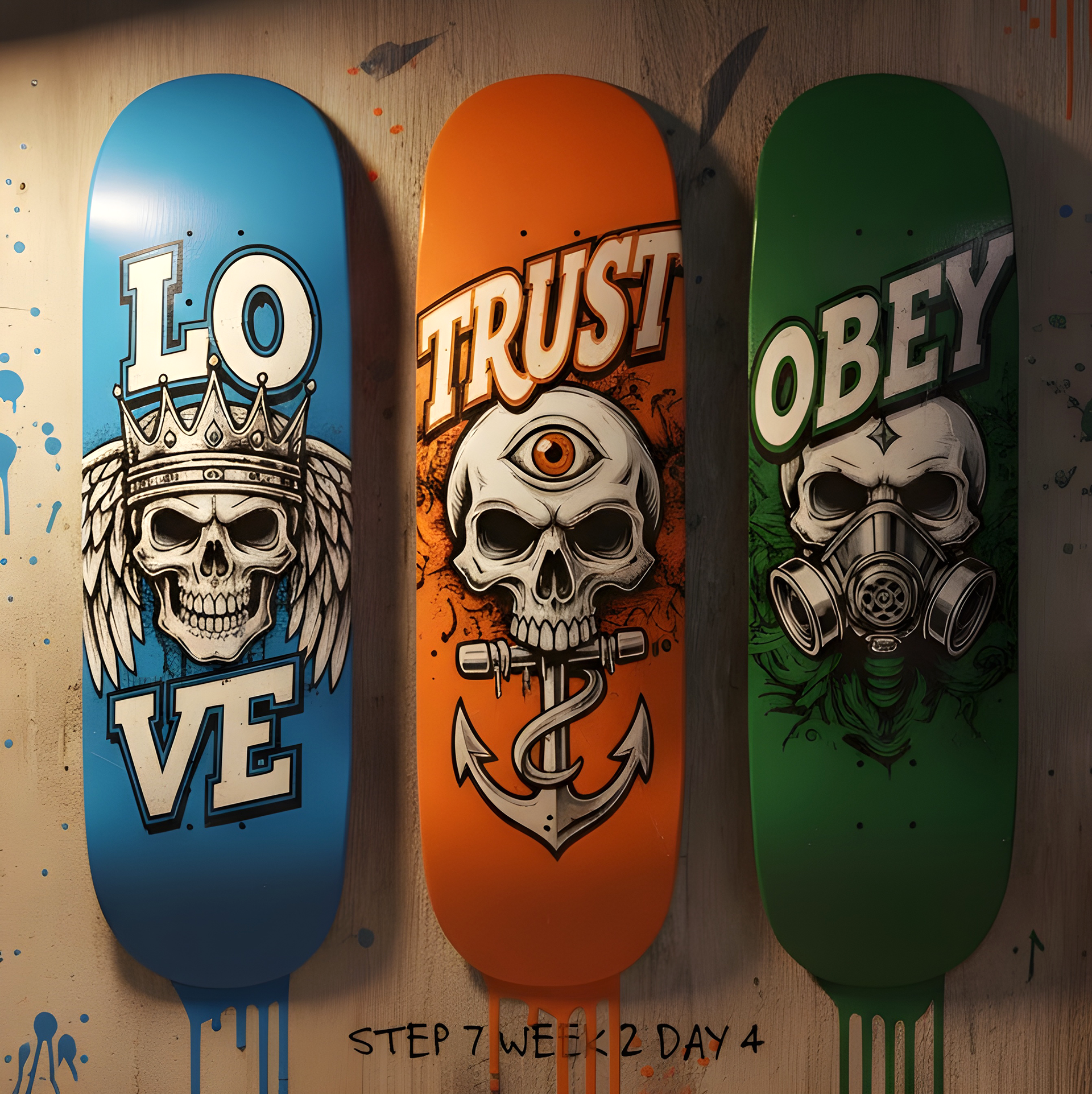 Fresh paint. Wet truth. Three words I keep grinding on — LOVE. TRUST. OBEY. They sound simple till you try to live them. Each one leaves its mark — one crowns the heart, one anchors the soul, one burns the ego. Step 7, Week 2, Day 4 — the art’s not just on the boards. It’s in the becoming.