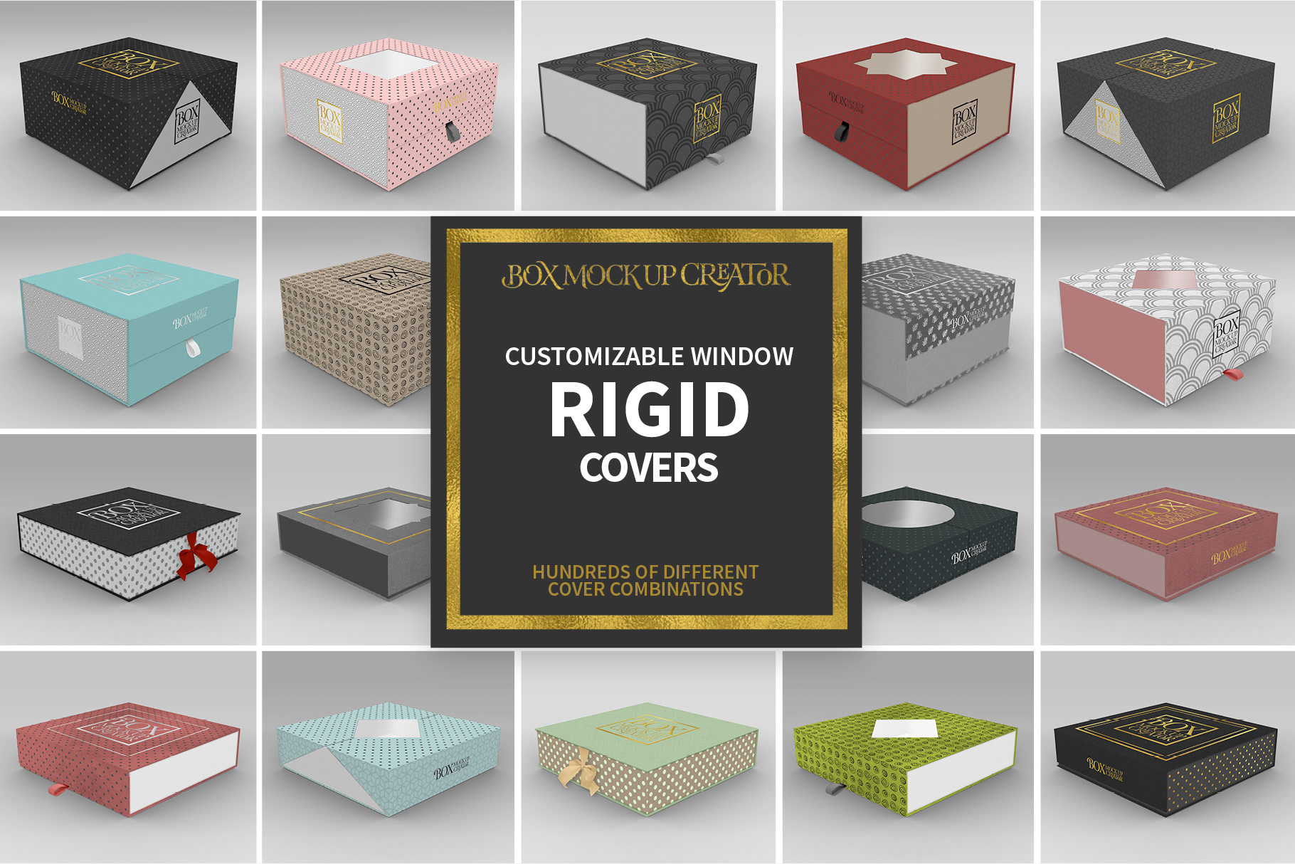 Package creator. Chocolate Box Mockup. CD Box Mock up. Square lightbox Mockup. Hat Box Mockup.