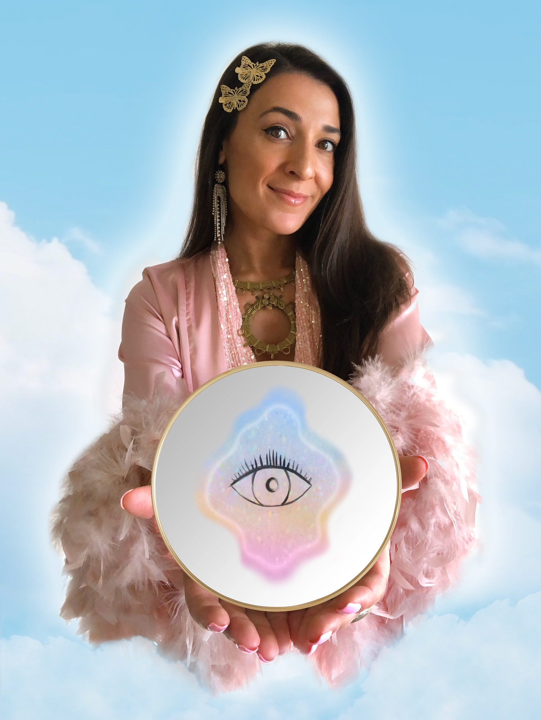 conceptual image of a woman holding a mirror with eye illustration