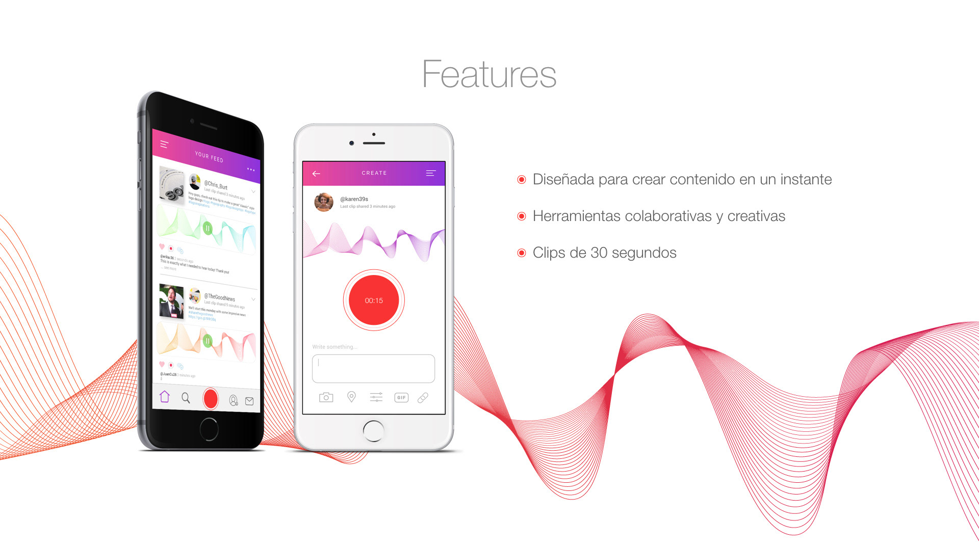 UI, features, graphic elements (waves)