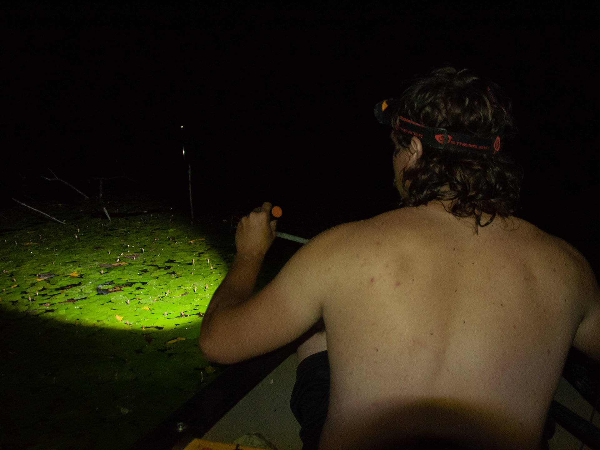 Wyatt locates a frog in water from his boat.