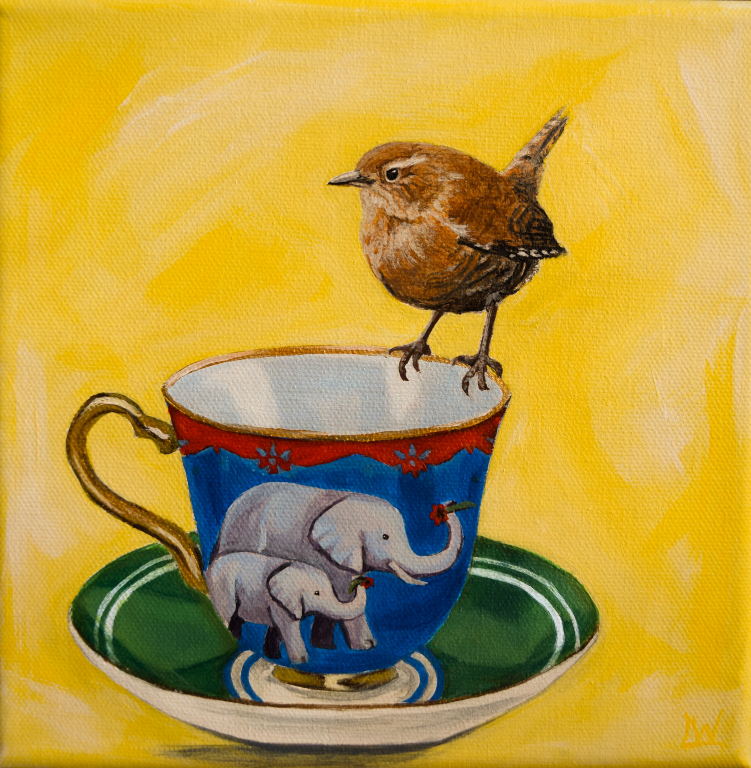 "Wren and Teacup" Commission 8" x 8" Acrylic (2019)