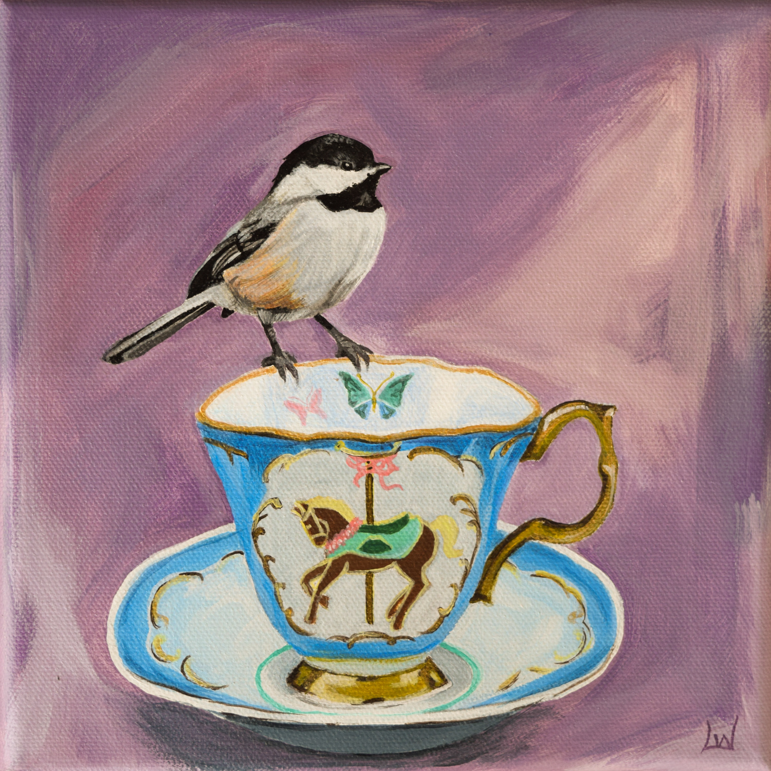 "Chickadee and Teacup" Commission 8" x 8" Acrylic (2019)