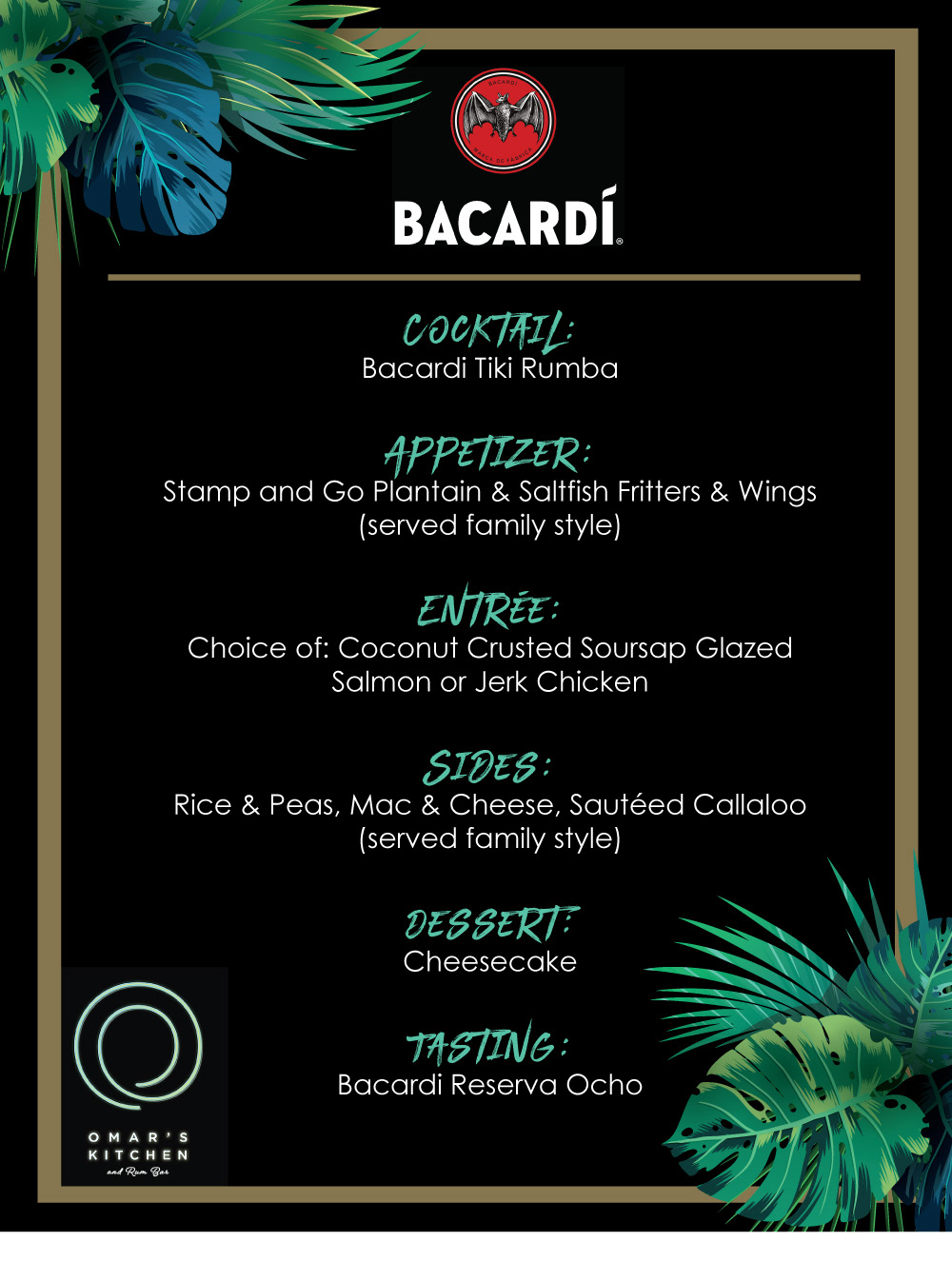 Printed Menu. Dinner Party hosted by Bacardi