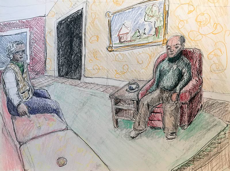 Earl & Mervin in the Sitting Room, Pen and Colored Pencil on Paper, 11 x 14", 2018
