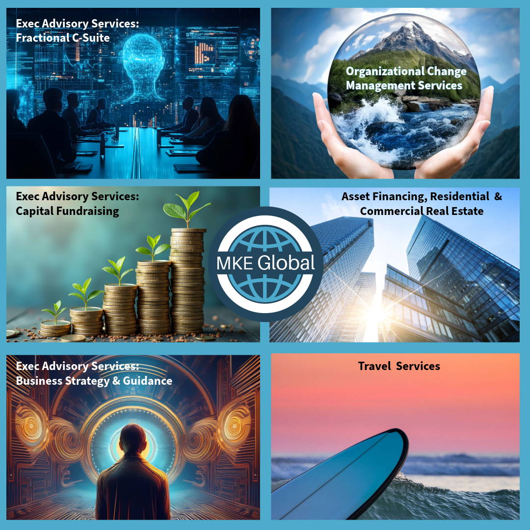 MKE Global LLC logo image showing images with types of services: OCM Organizational Change Management, Executive Advisory Services: Fractional C-suite, business strategy, capital fundraising, asset financing, real estate, travel services