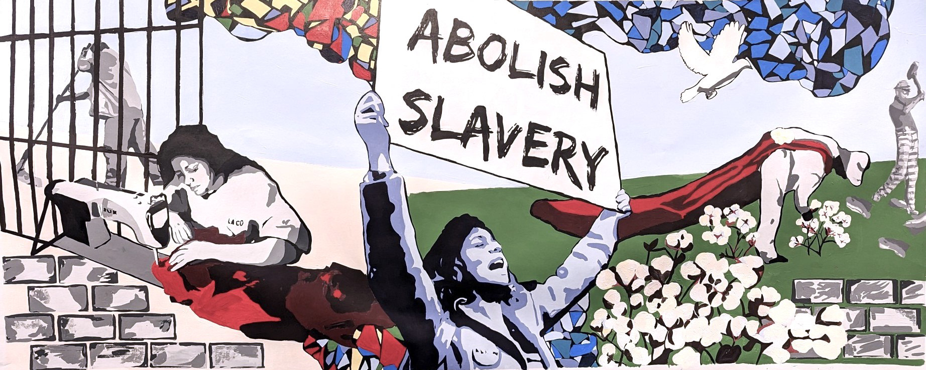 Mural painted with youth Grace Cathedral and Akeil Robertson-Jowers and designed by Phoebe Bachman