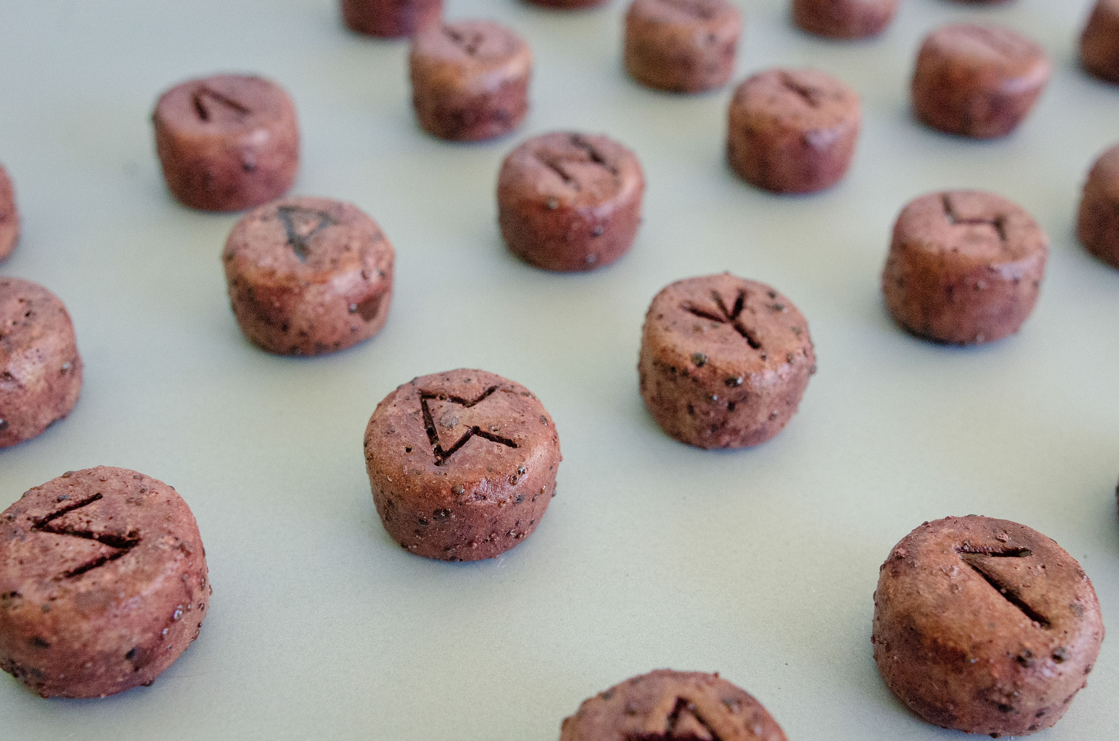 Elder Futhark Rune Stones & Raven stone (2024) Buff Raku Trachyte with Red Iron Oxide & porcelaine paint 2cm (W) x 1cm (H)