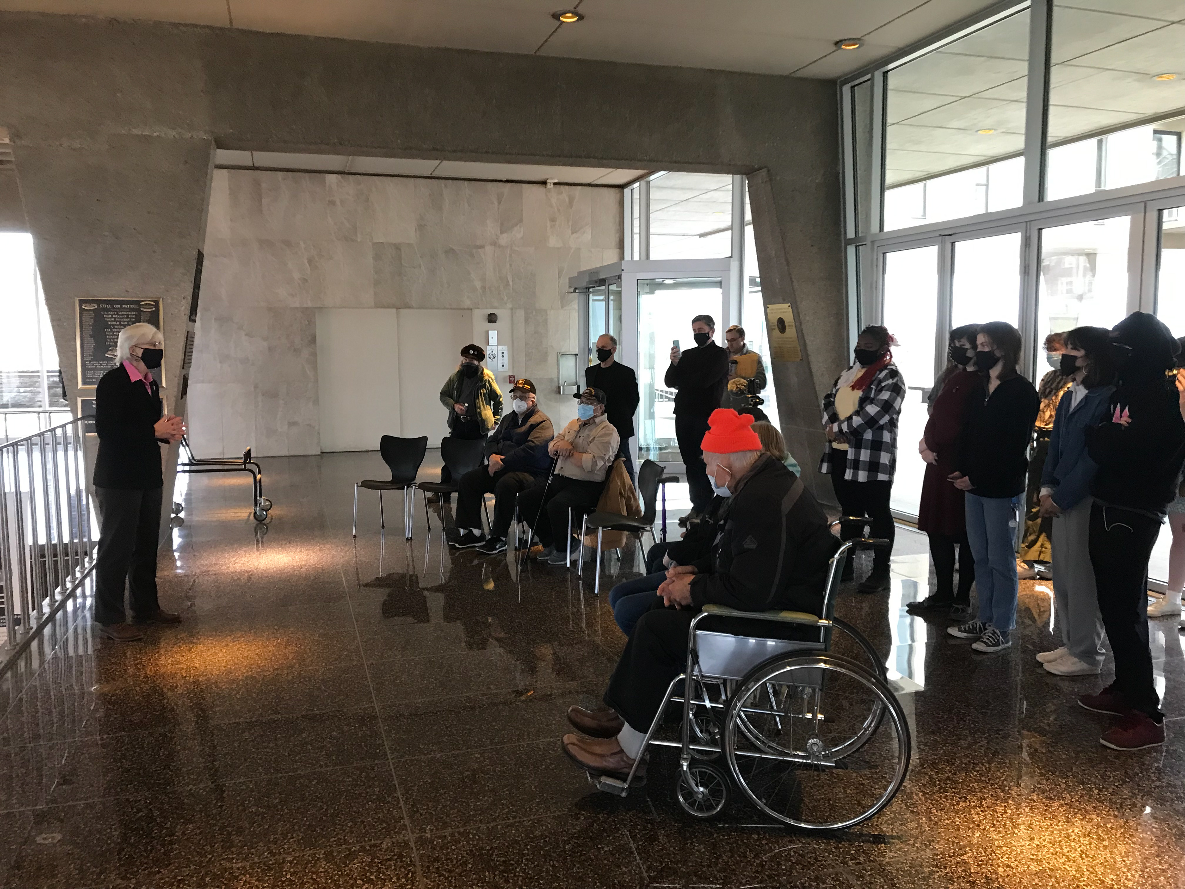WDVA Secretary Mary Kolar speaks to VPP veterans and artists at the 2021 print reveal event held at Milwaukee War Memorial.