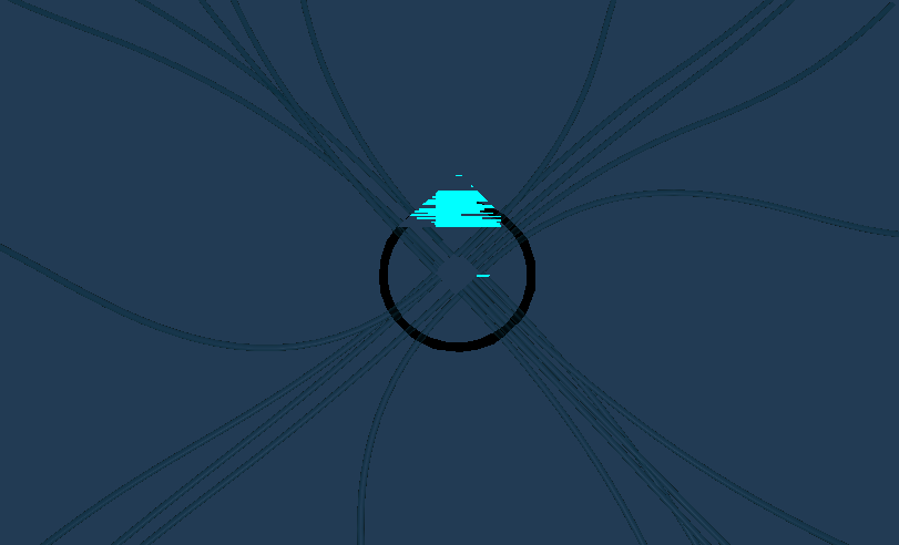 Cables Stretching out from machine, charge ring indicator, and glitch effect.