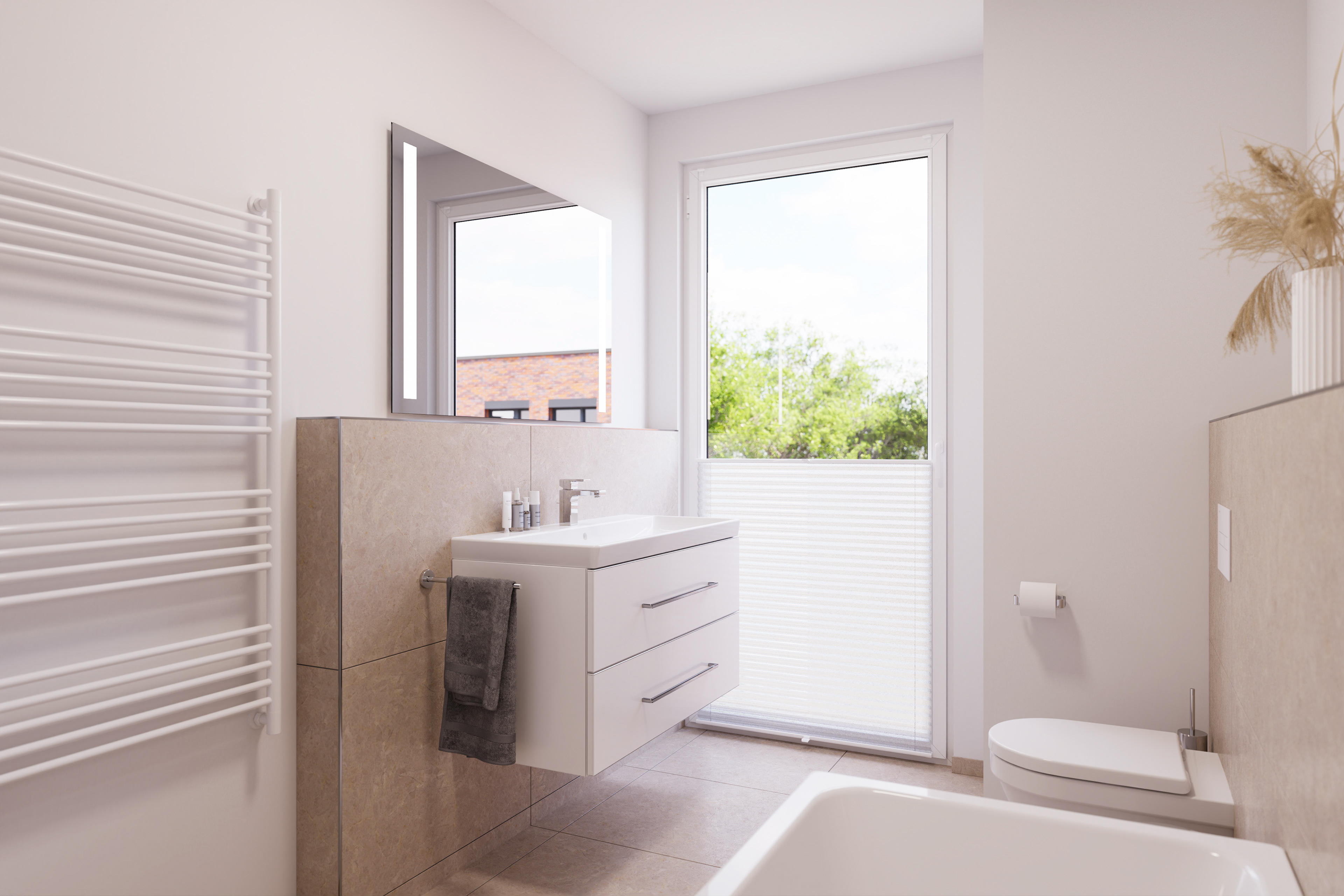 Helles, modernes Badezimmer-Rendering mit freistehendem Waschbecken, großem Spiegel und Blick auf grüne Außenanlagen.