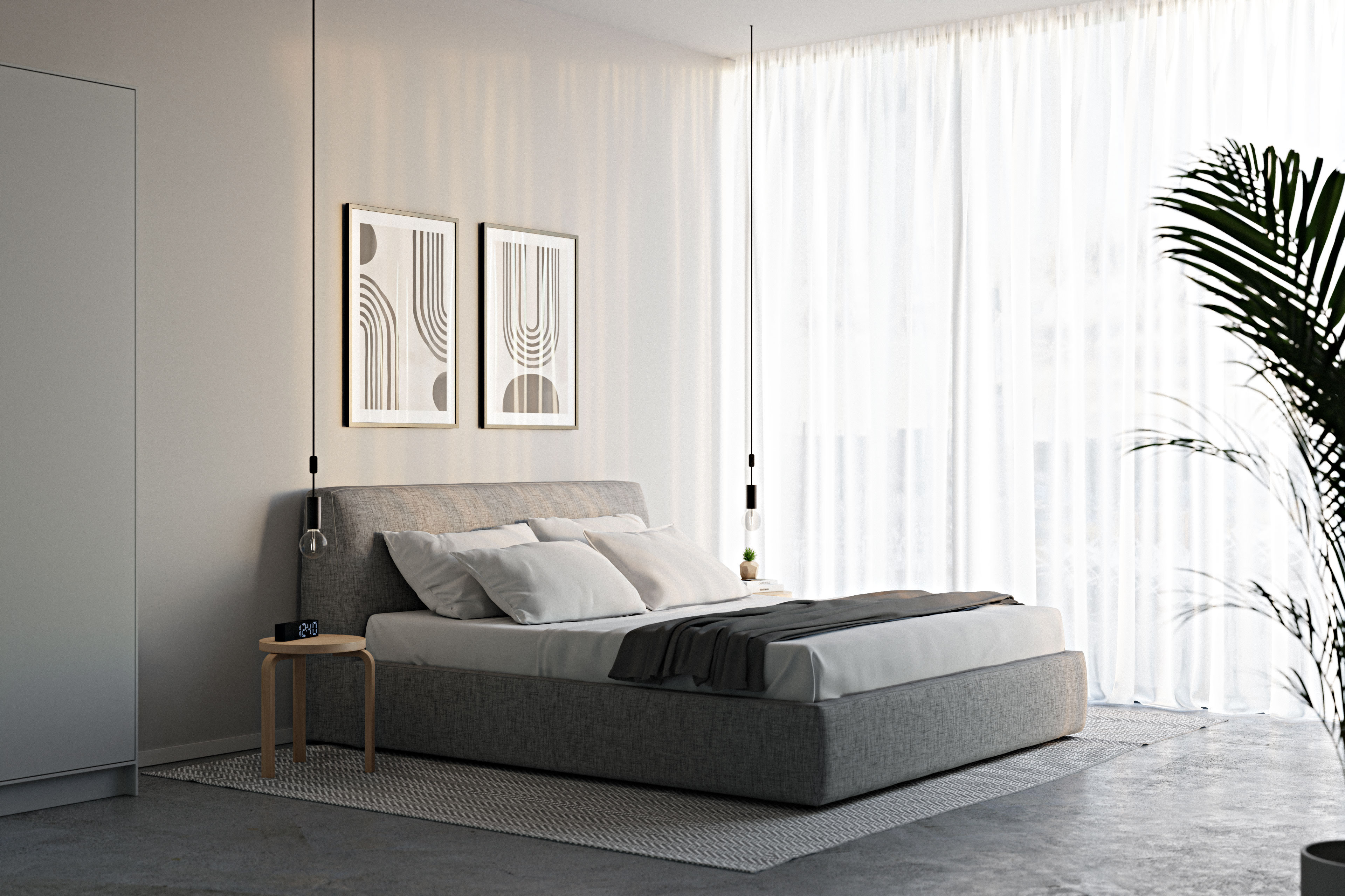 Elegantes Schlafzimmer-Rendering mit Blick auf ein gemütliches Doppelbett, begleitet von moderner Wandkunst und einer stimmungsvollen Hängeleuchte.