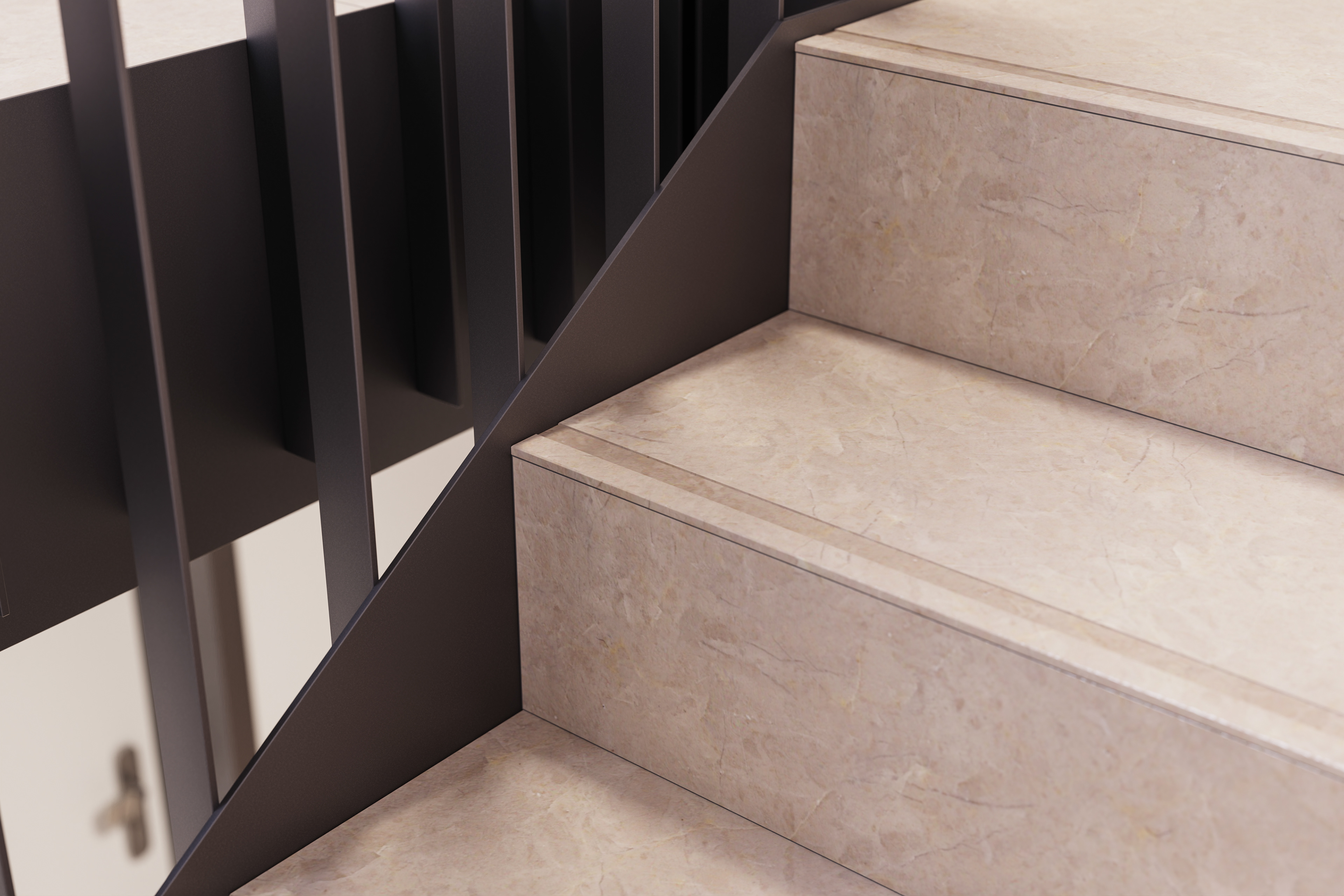 Detailansicht von Treppenstufen mit hochwertigen, großformatigen Fliesen in Marmoroptik und modernem, dunklem Treppengeländer.