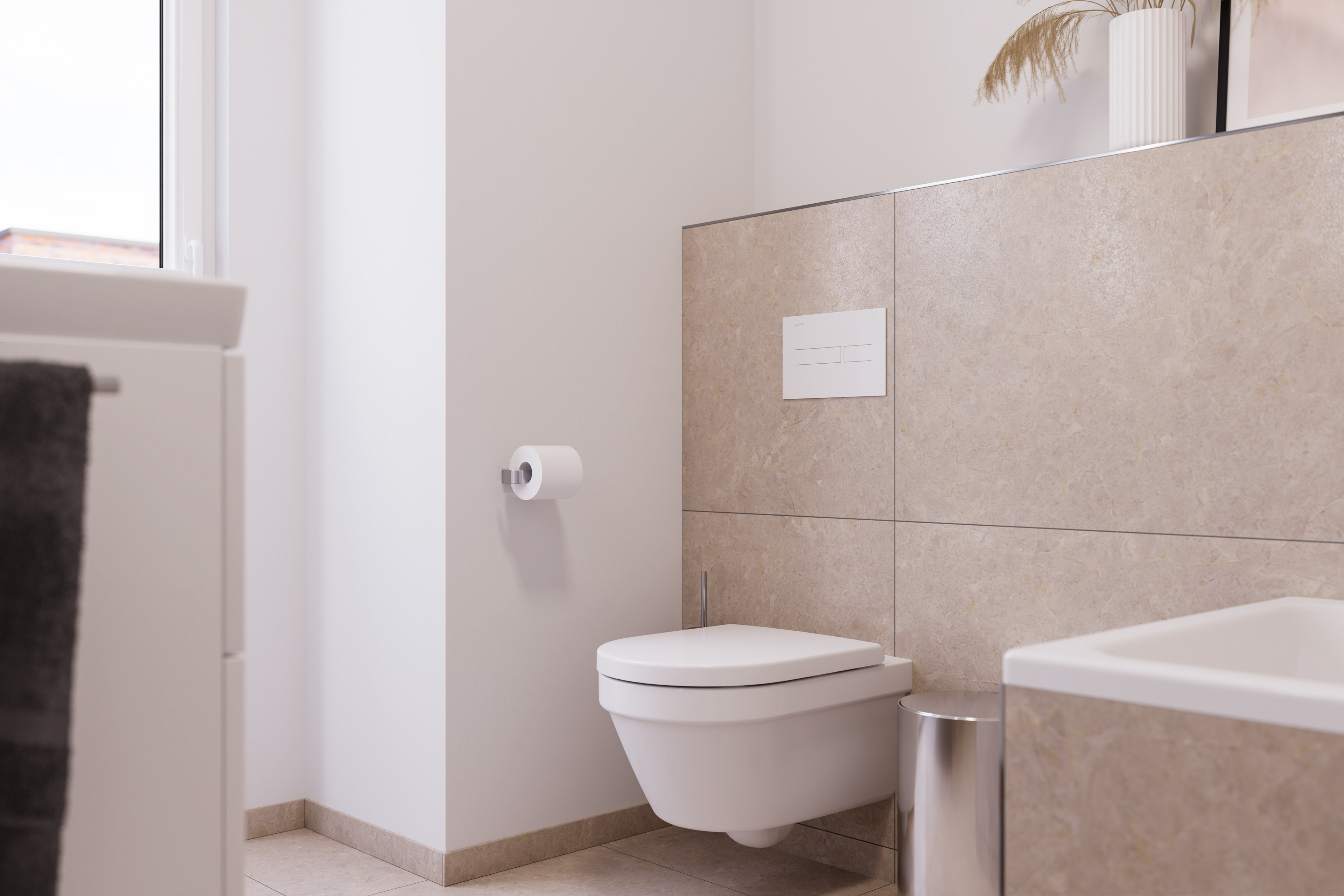 Minimalistisches Badezimmer-Design im Rendering mit wandhängender Toilette und großformatigen Fliesen in natürlicher Steinoptik.