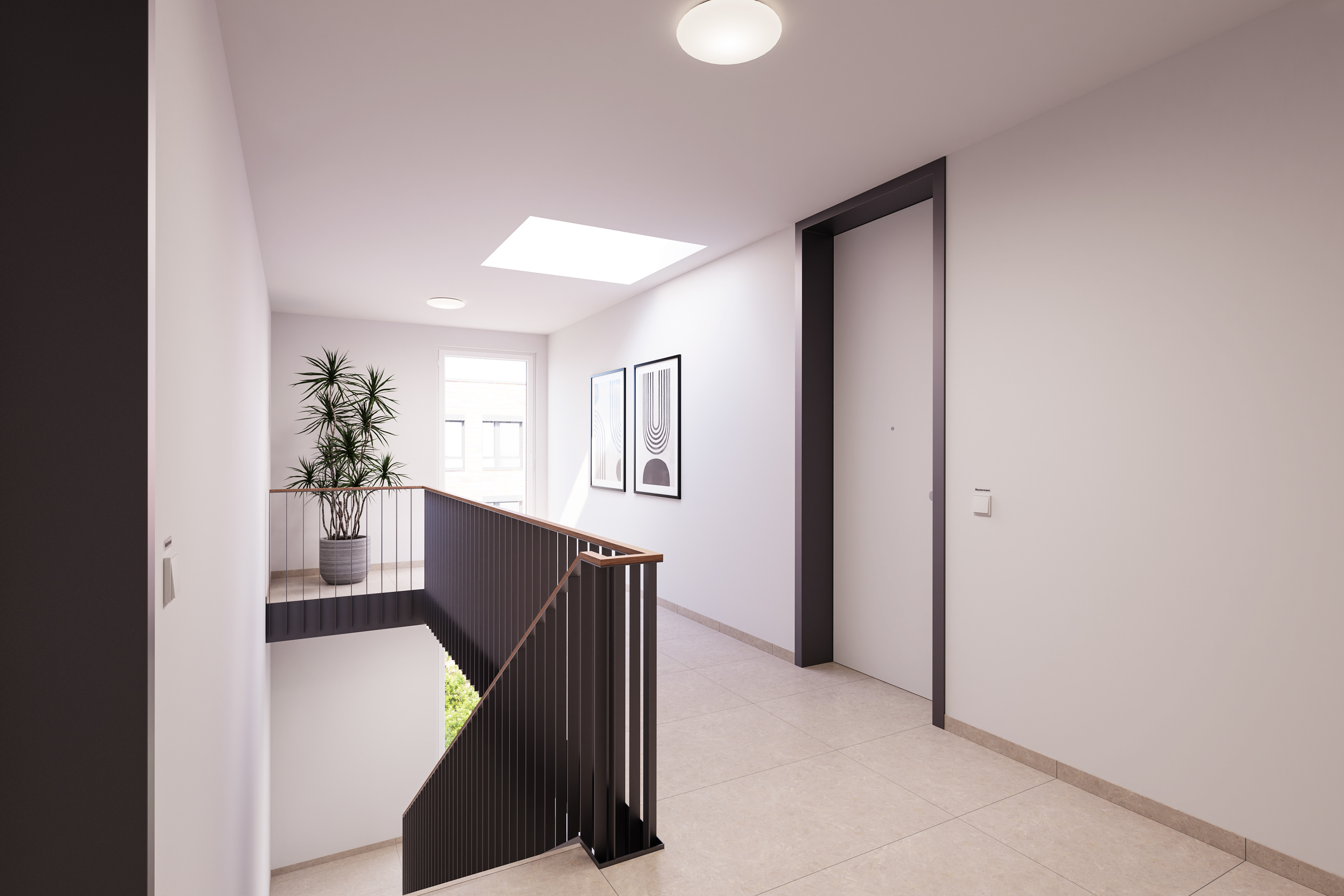 Modern gestalteter Flur mit geradliniger Treppe, minimalistischer Einrichtung und dekorativer Topfpflanze, die eine natürliche Atmosphäre erzeugt.