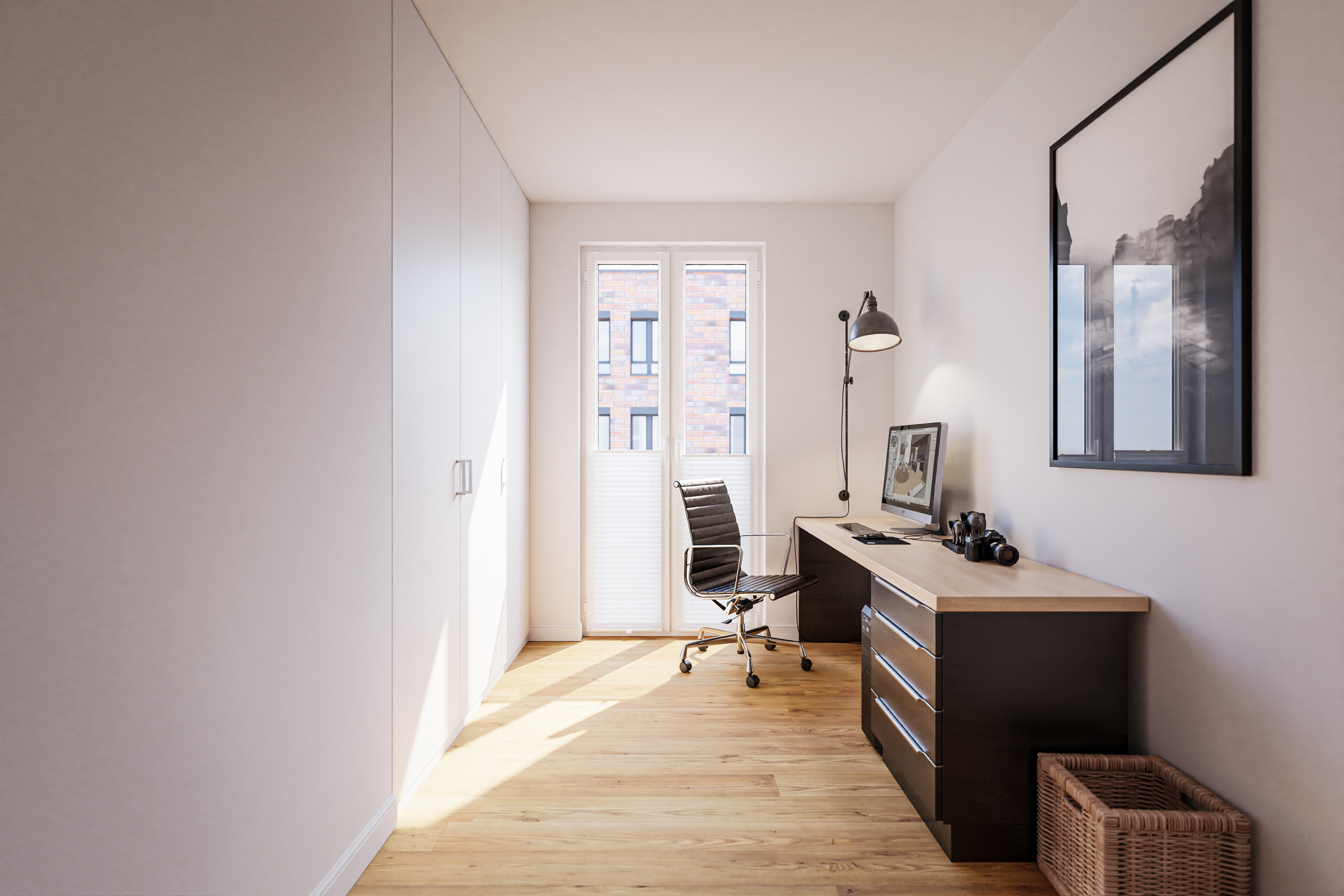 Rendering eines sonnendurchfluteten Arbeitszimmers mit Holzboden, modernem Schreibtisch und einem Stuhl vor dem Fenster, das den Blick auf die städtische Umgebung freigibt.